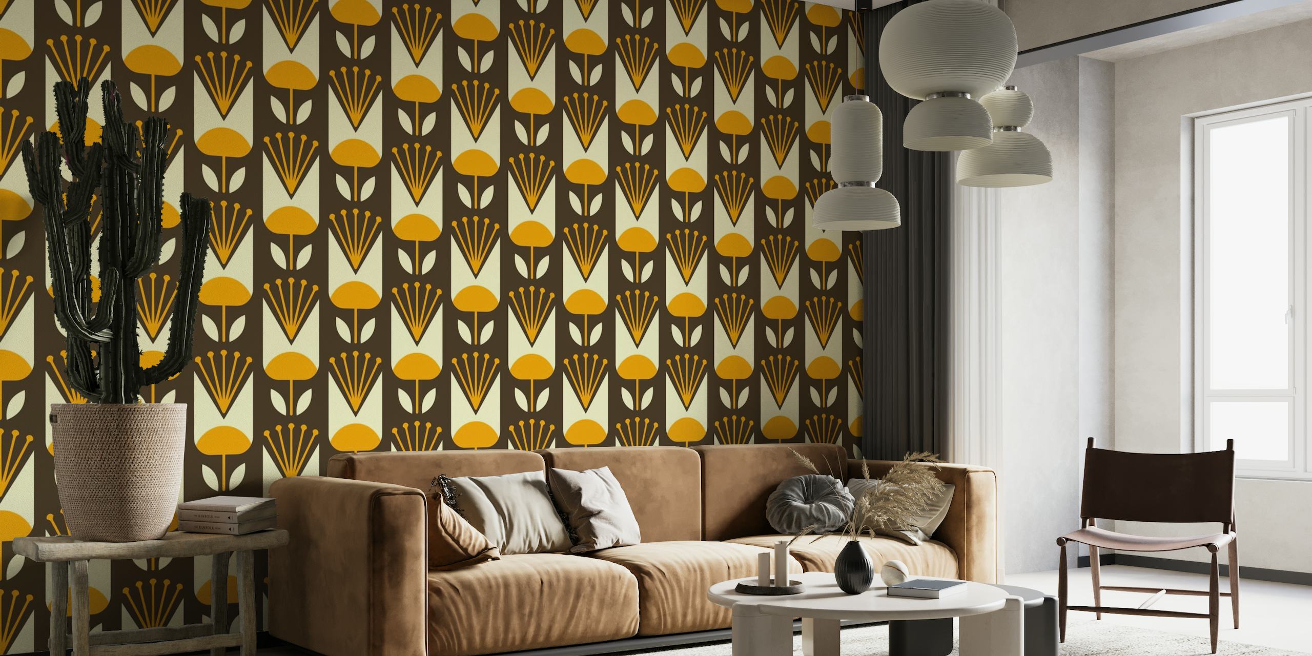 Scandi retro yellow tulips pattern (2406) papel de parede