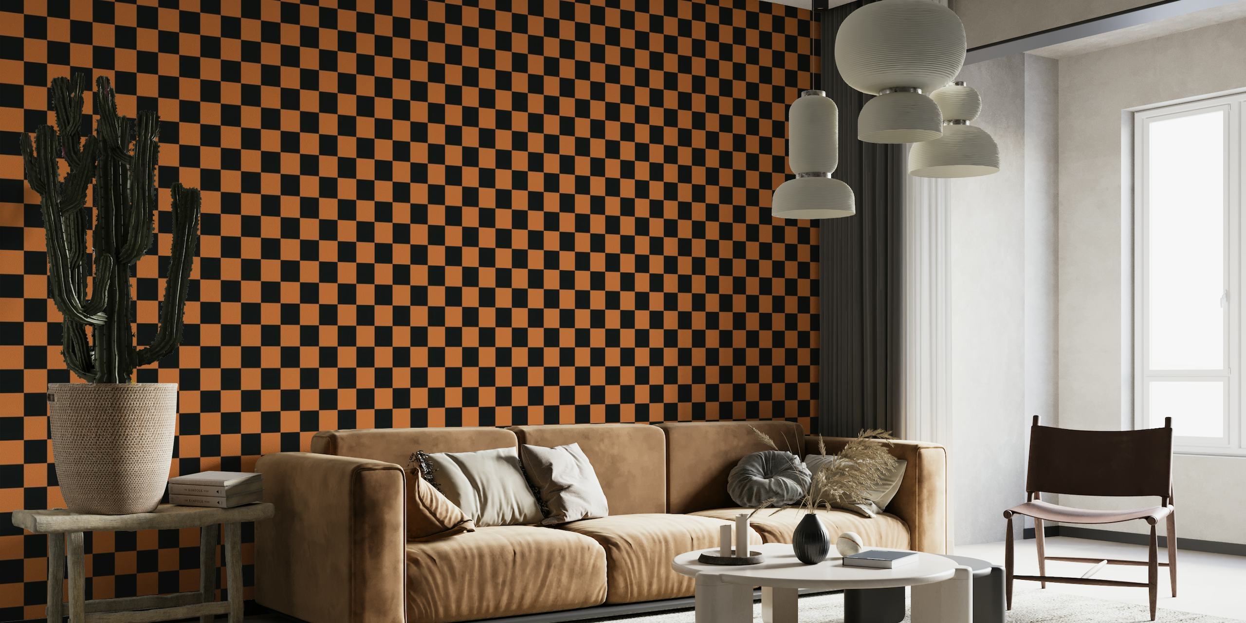 Checkerboard - Orange Brown and Black papel pintado