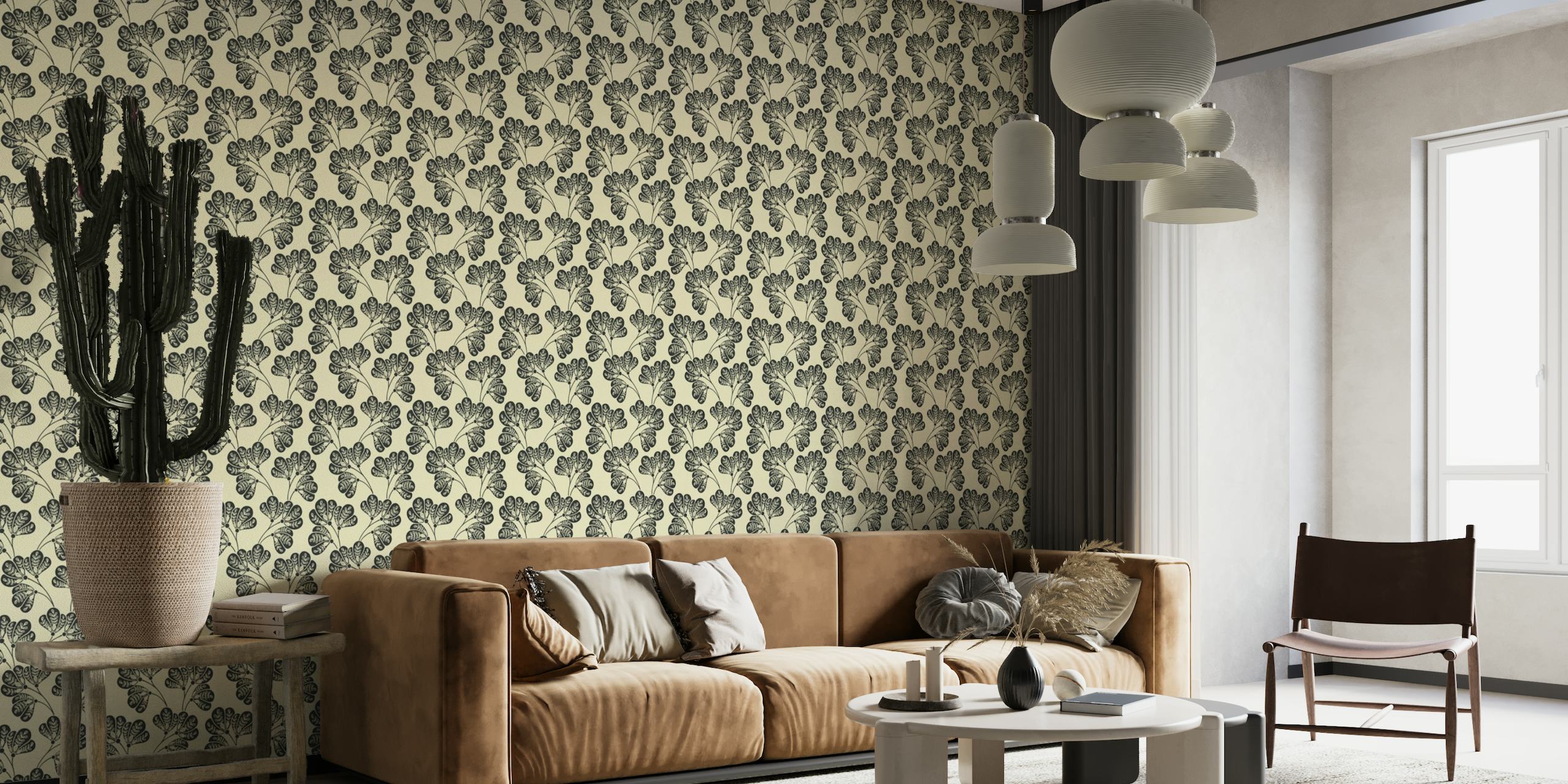Elegante mural de parede com padrão de folhagem 'Olivia - Elegant Version' com ilustrações detalhadas de folhas.