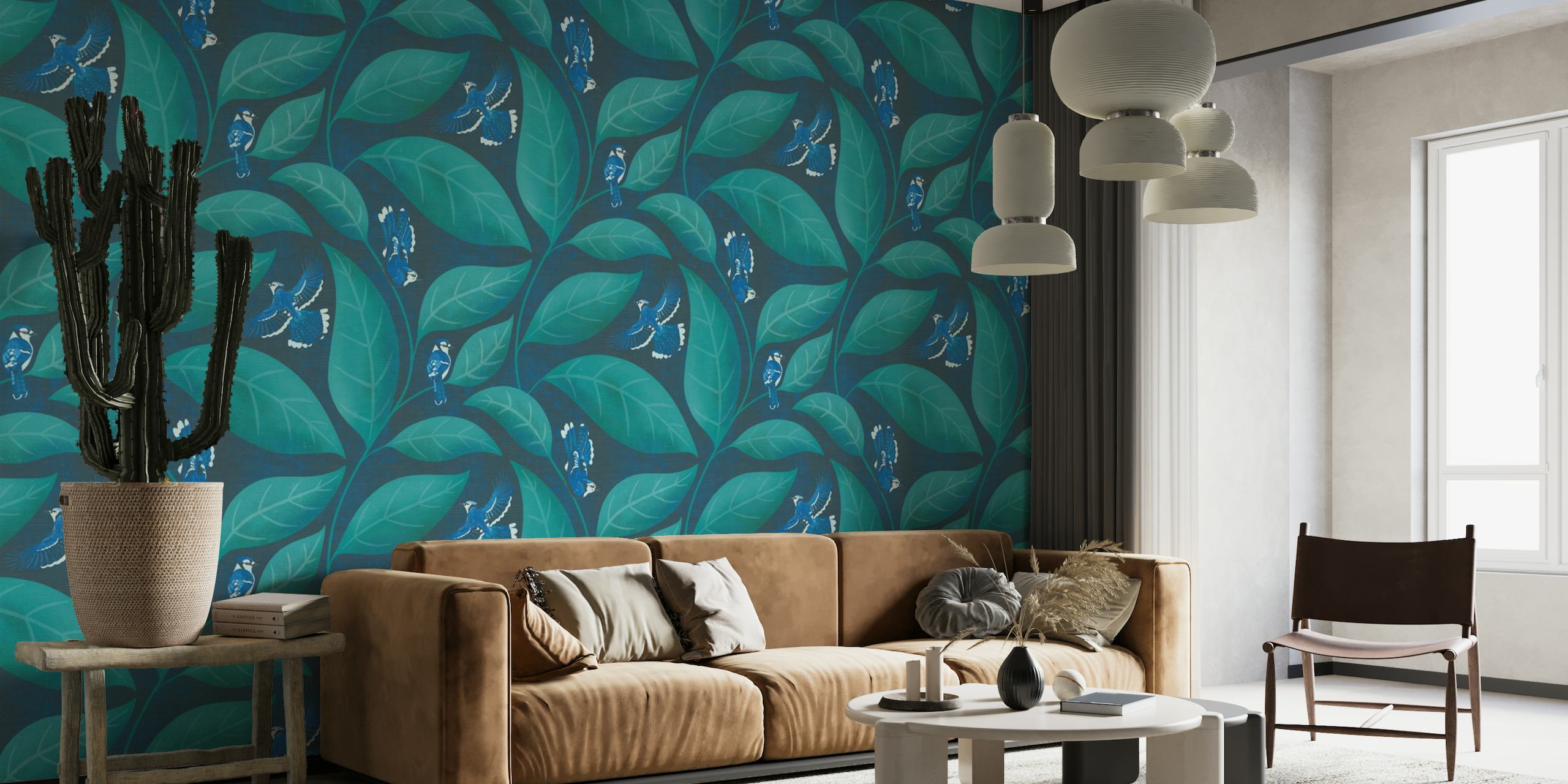 Patrones de pájaros Blue Jay sobre un fondo de hojas verdes en el mural de pared de colores Pantone Ultra Steady.
