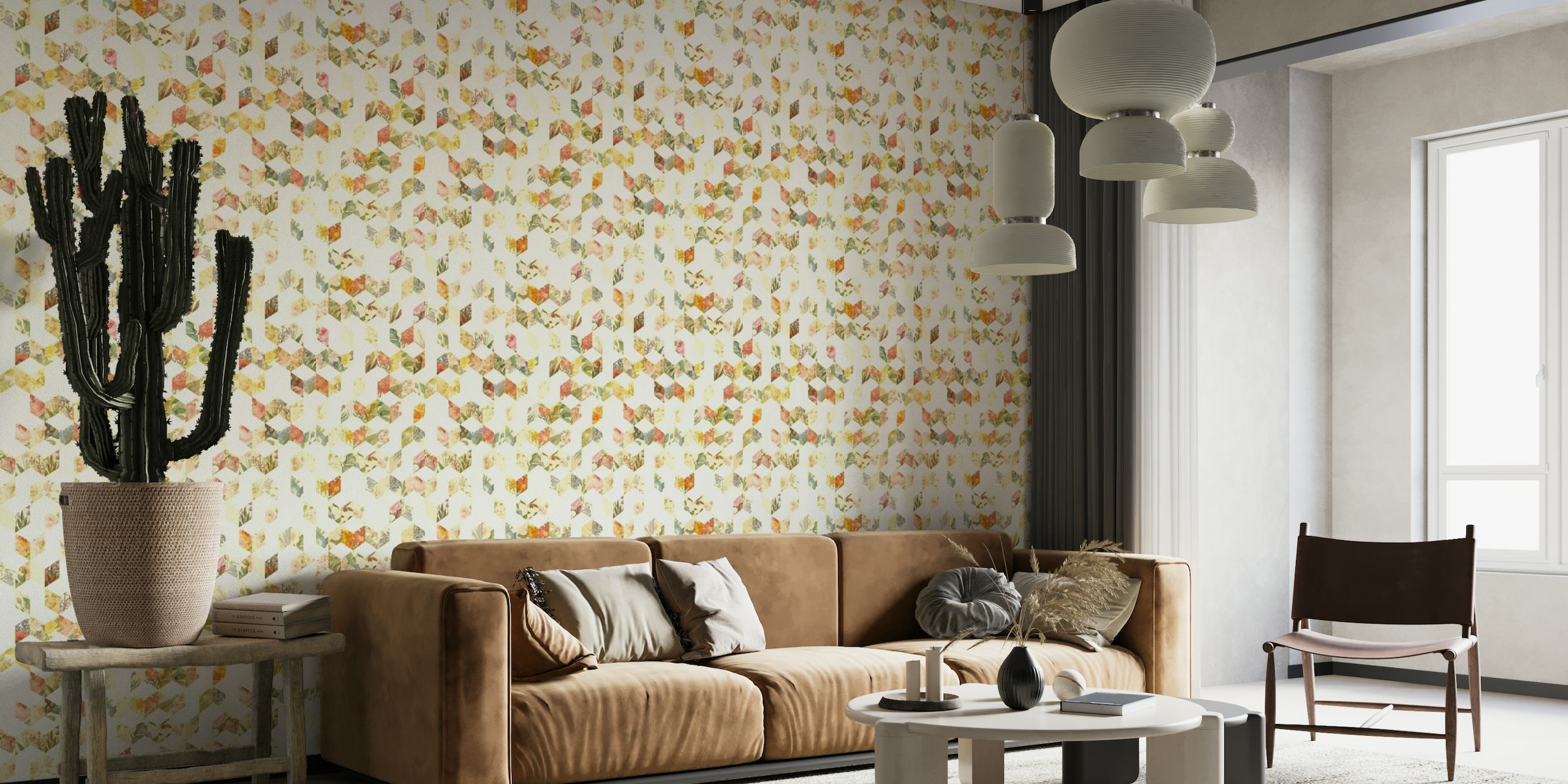 Geometric floral mosaic wall mural with soft pastels