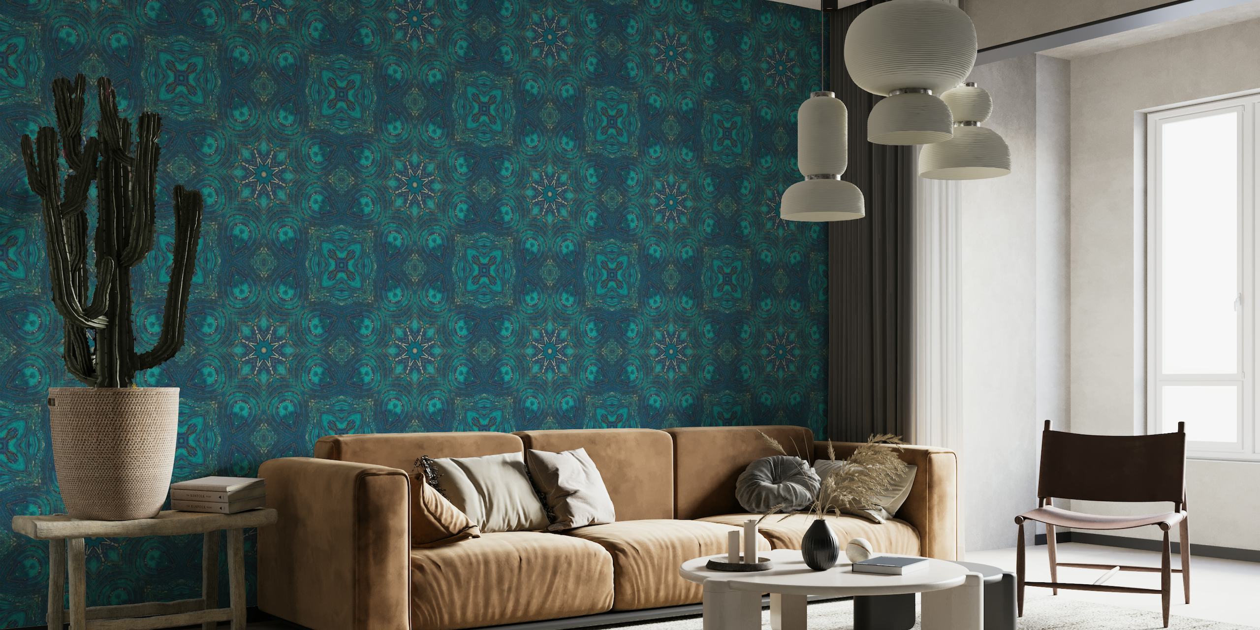 Tyylikäs vintage käsityönä tehty välimerellinen laattakuvioinen seinämaalaus sinivihreä ja kullanvärinen