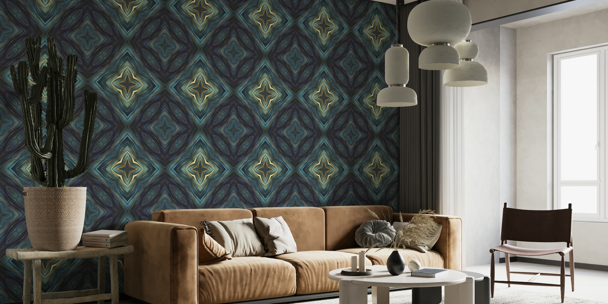 Artisanal Mediterranean Tile Design Blue Gold_2 papel de parede