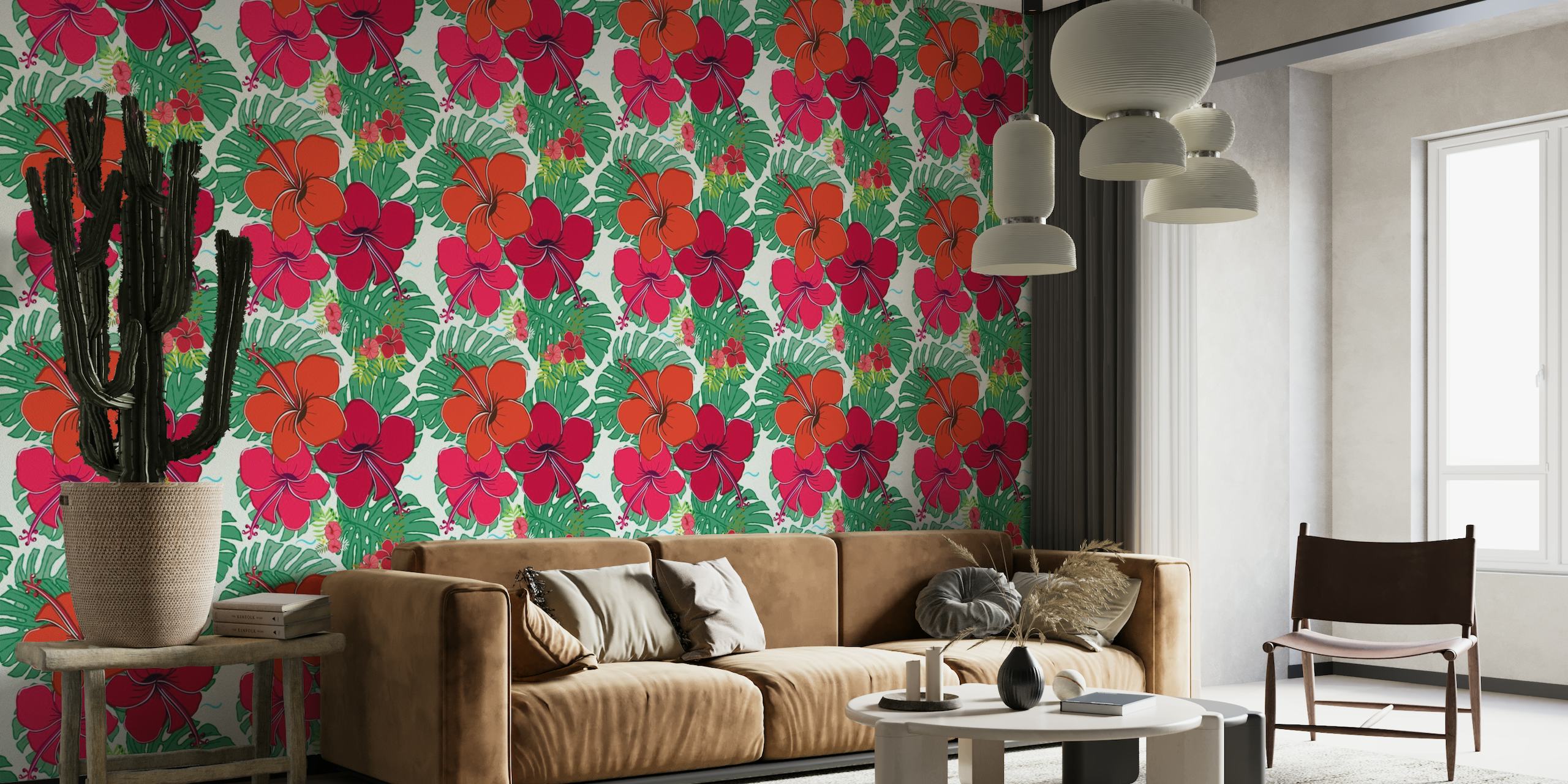 Levende røde hibiscus blomster og tropiske blade vægmaleri
