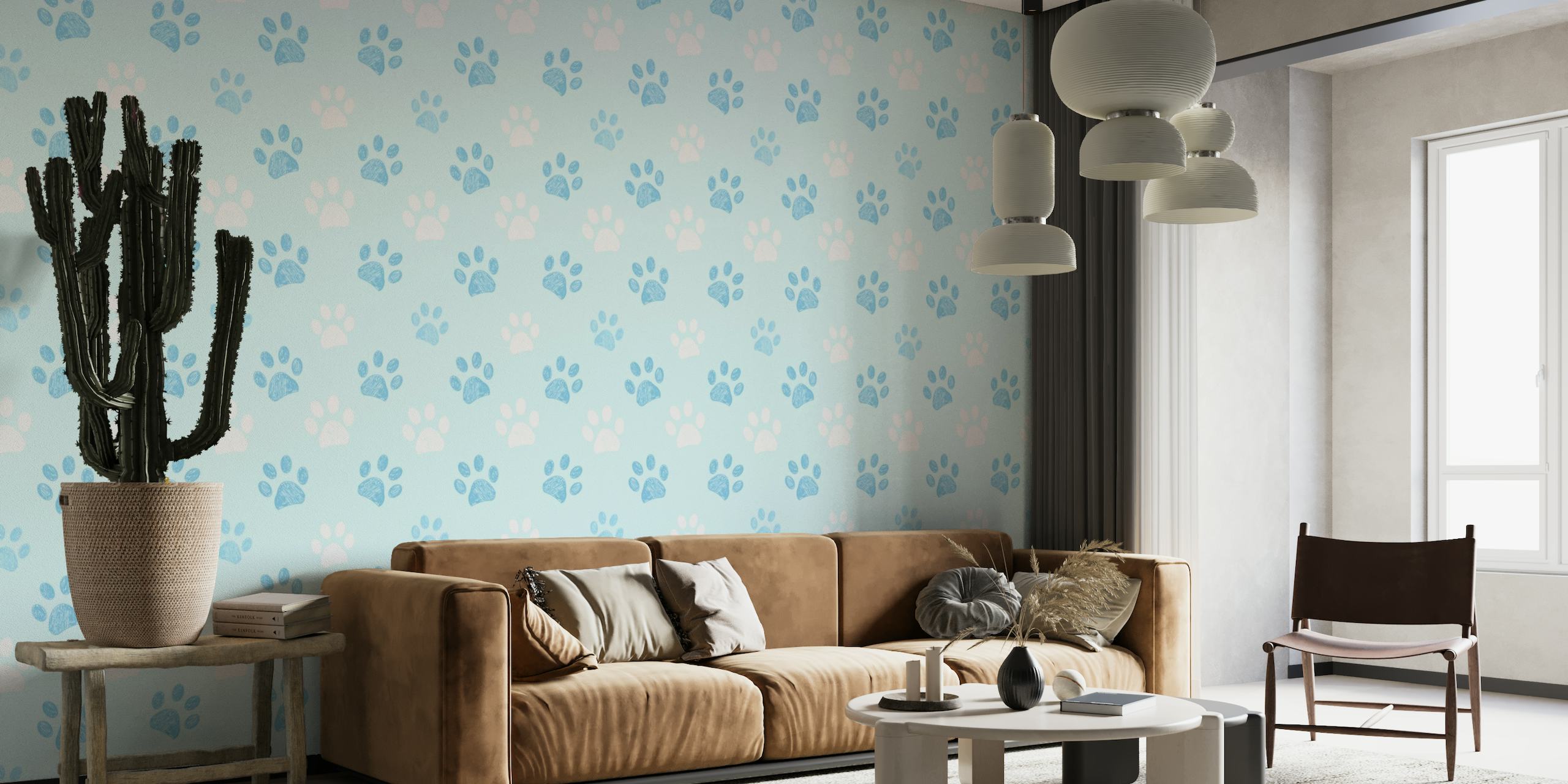 Illustrative wall mural with blue doodle paw prints on a light blue background