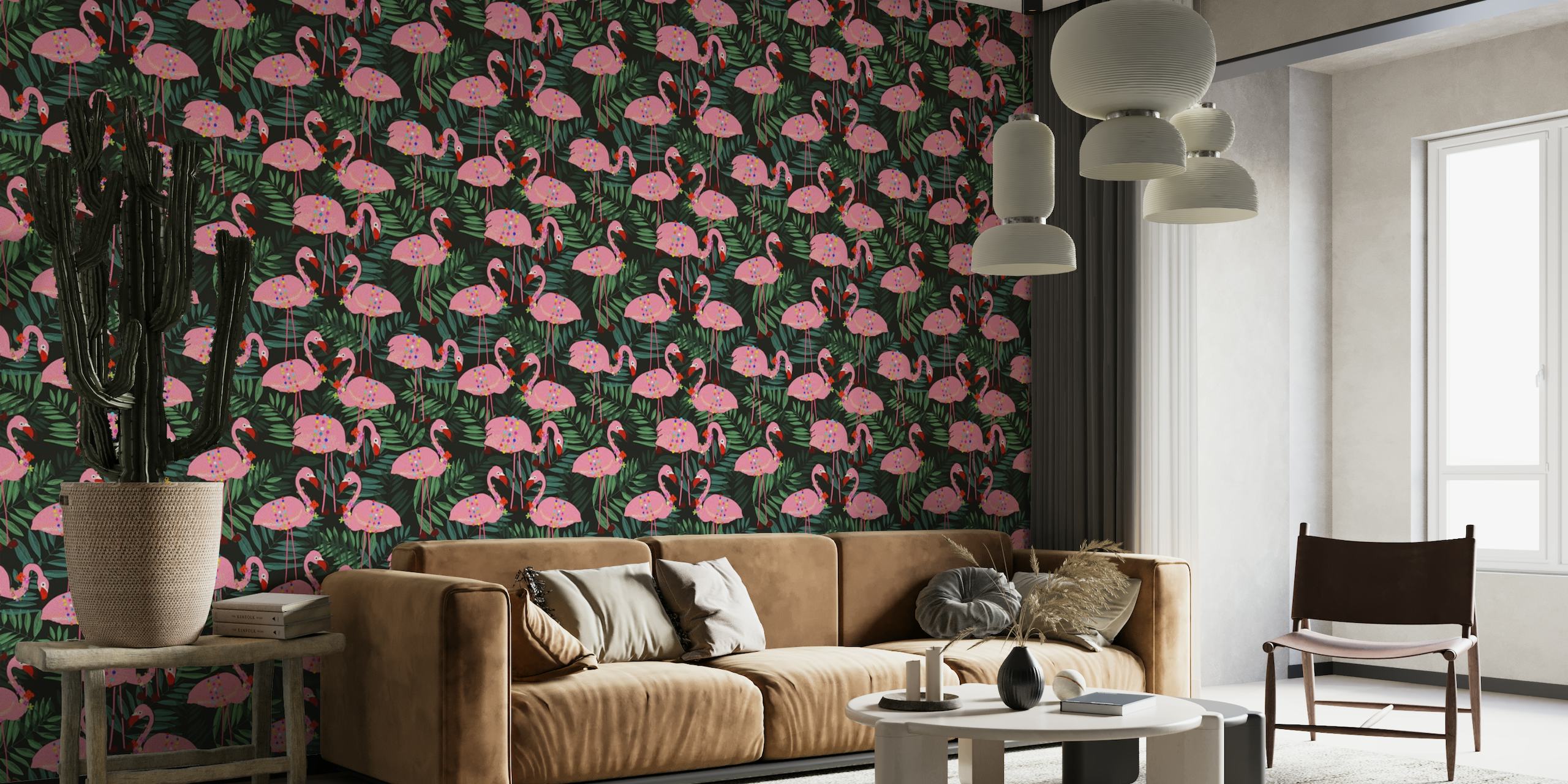 Flamingo with tropical flowers black behang