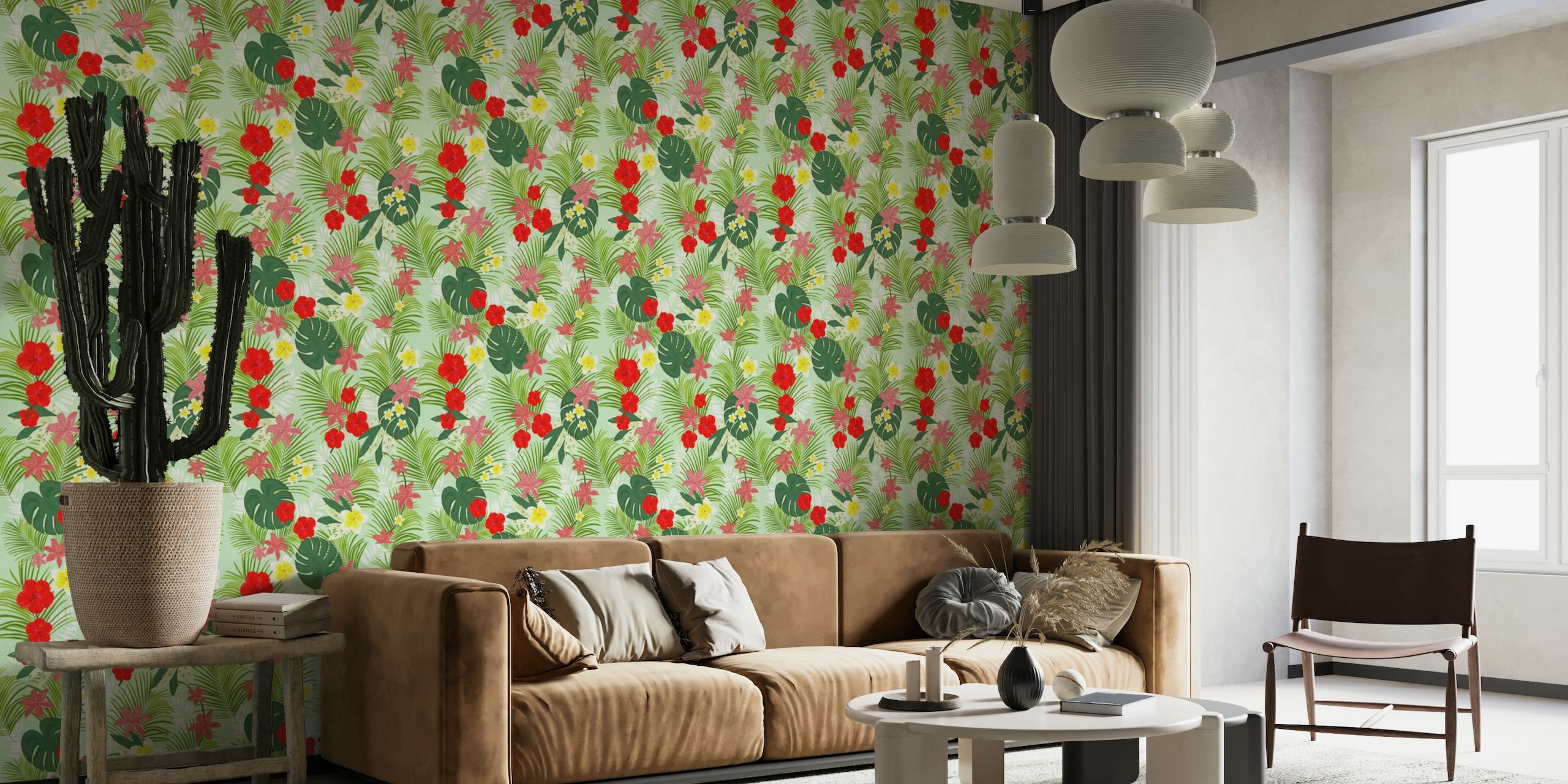 Palm leaves red hibiscus pattern behang