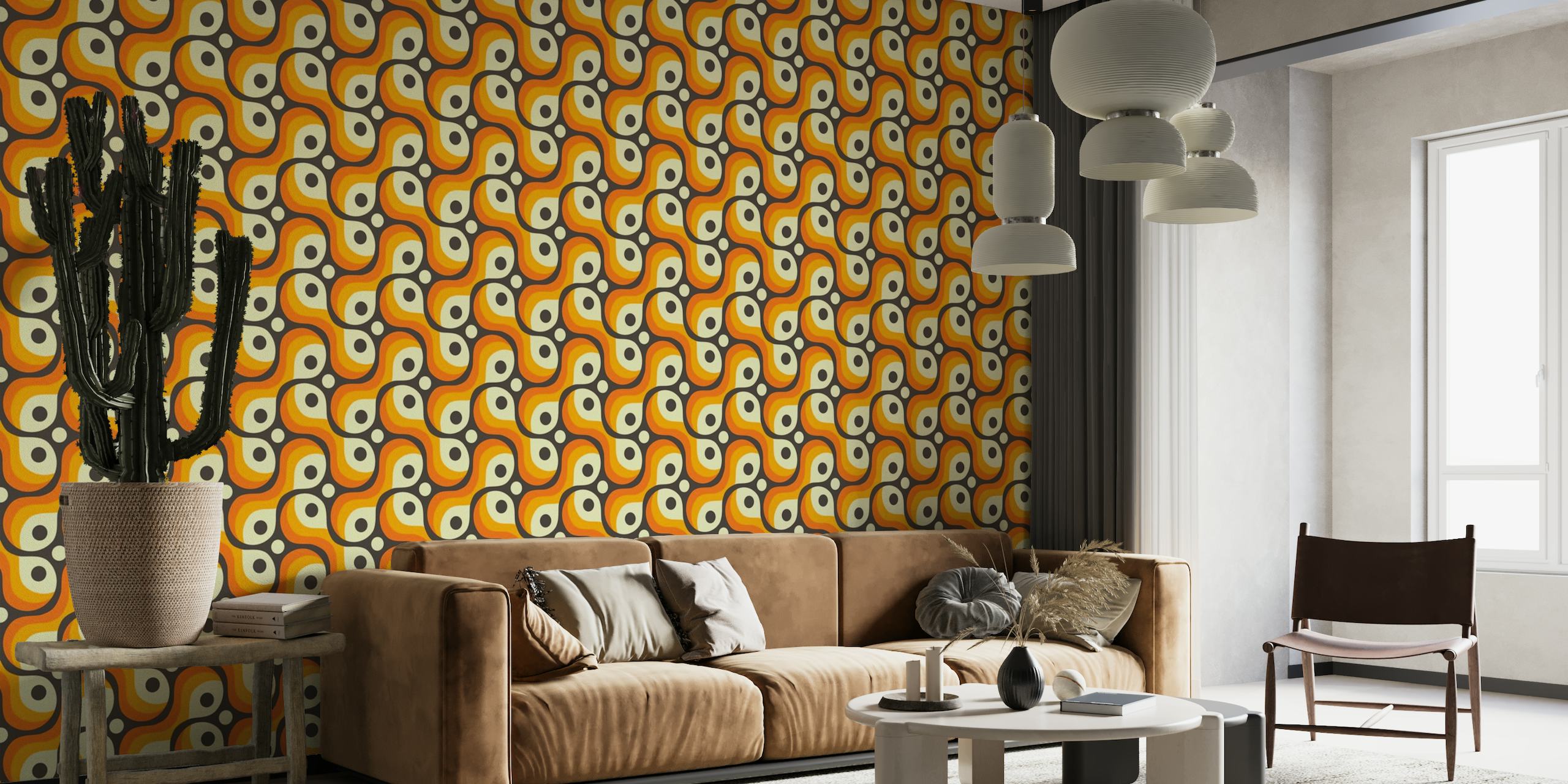 Fotomural vinílico de parede com formas retrô abstratas de inspiração vintage em laranja, creme e preto