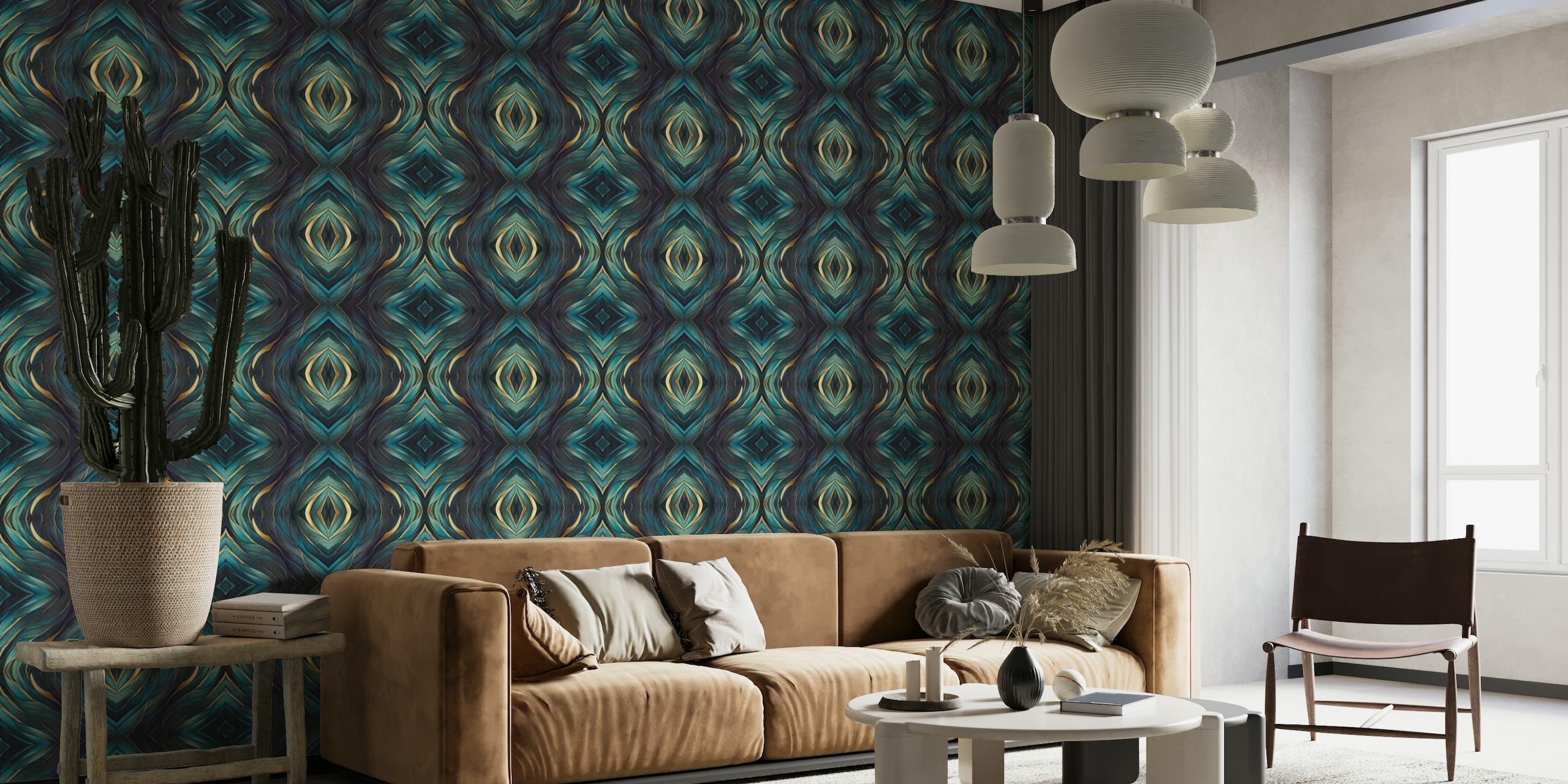 Artisanal Mediterranean Tile Design Teal Blue Gold papel pintado