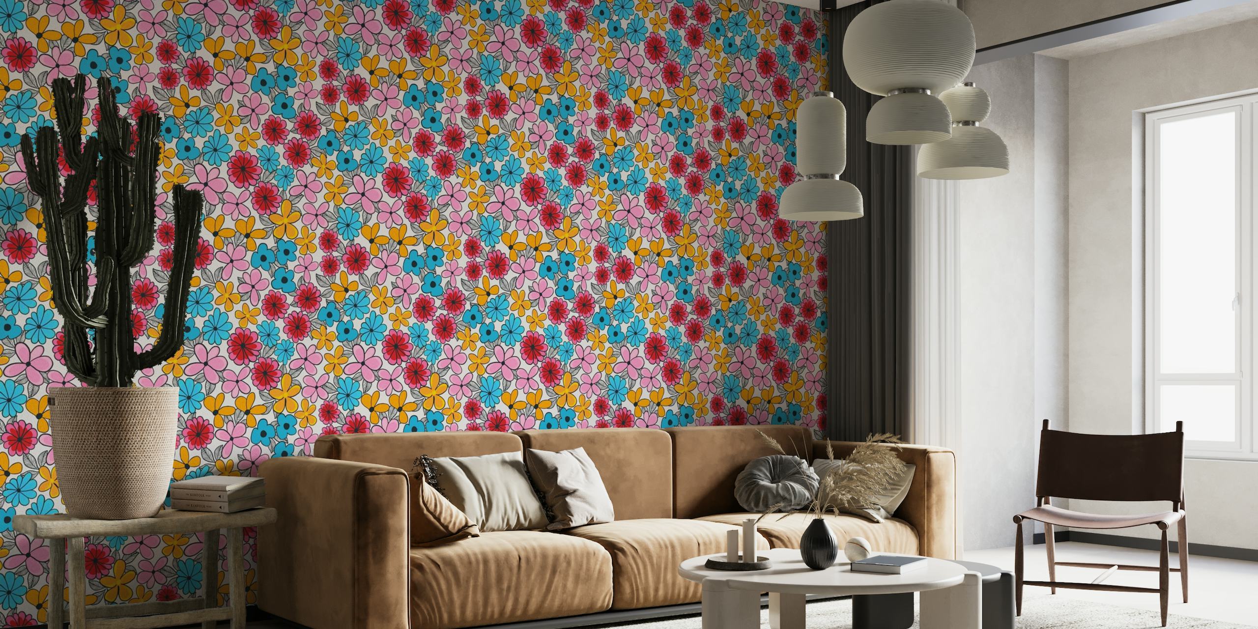 Värikäs kesäinen kukkakuvioinen seinämaalaus vaaleanpunaisilla, sinisillä ja keltaisilla kukilla