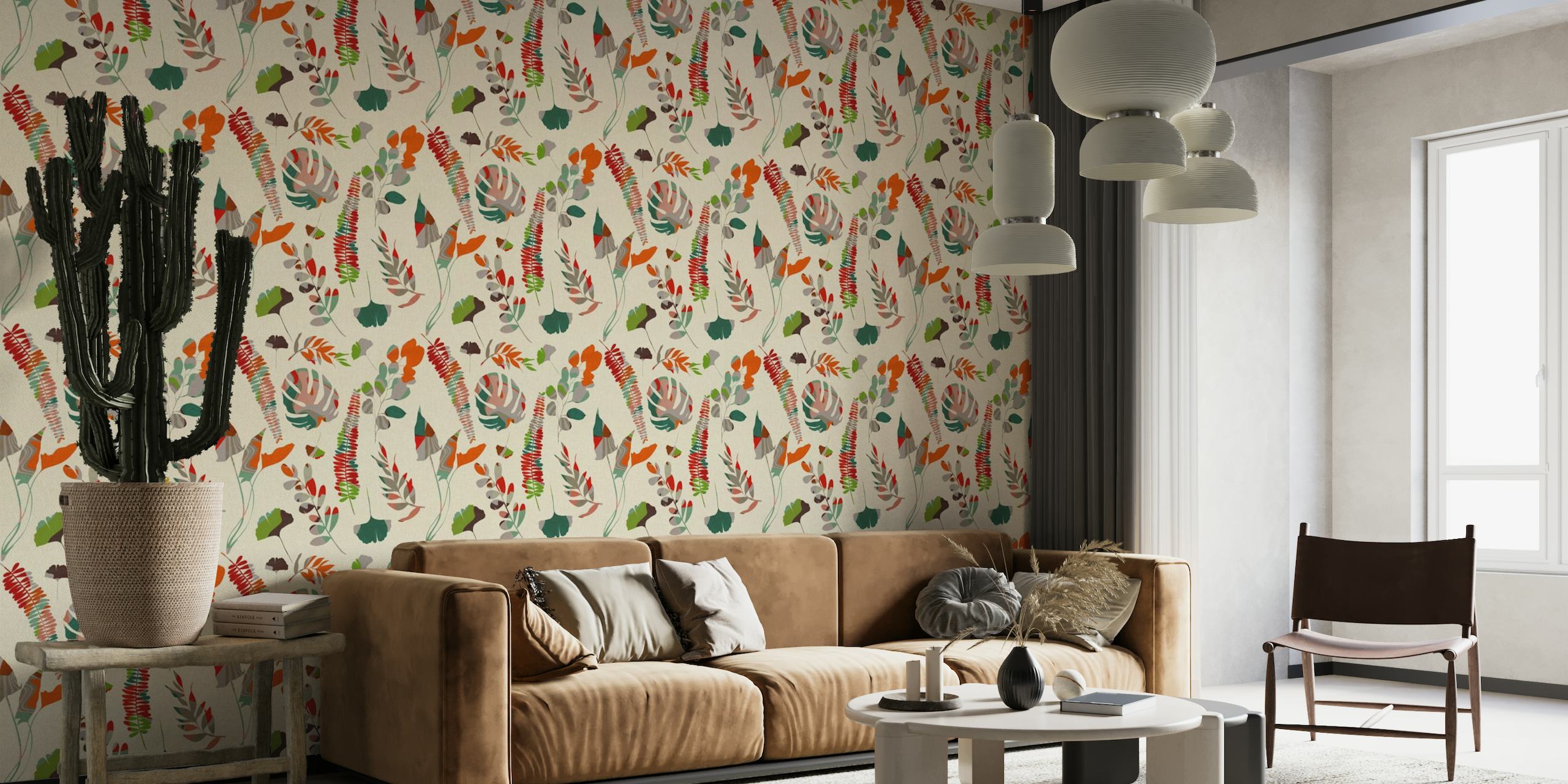 Jungle leaves pattern with red wallpaper