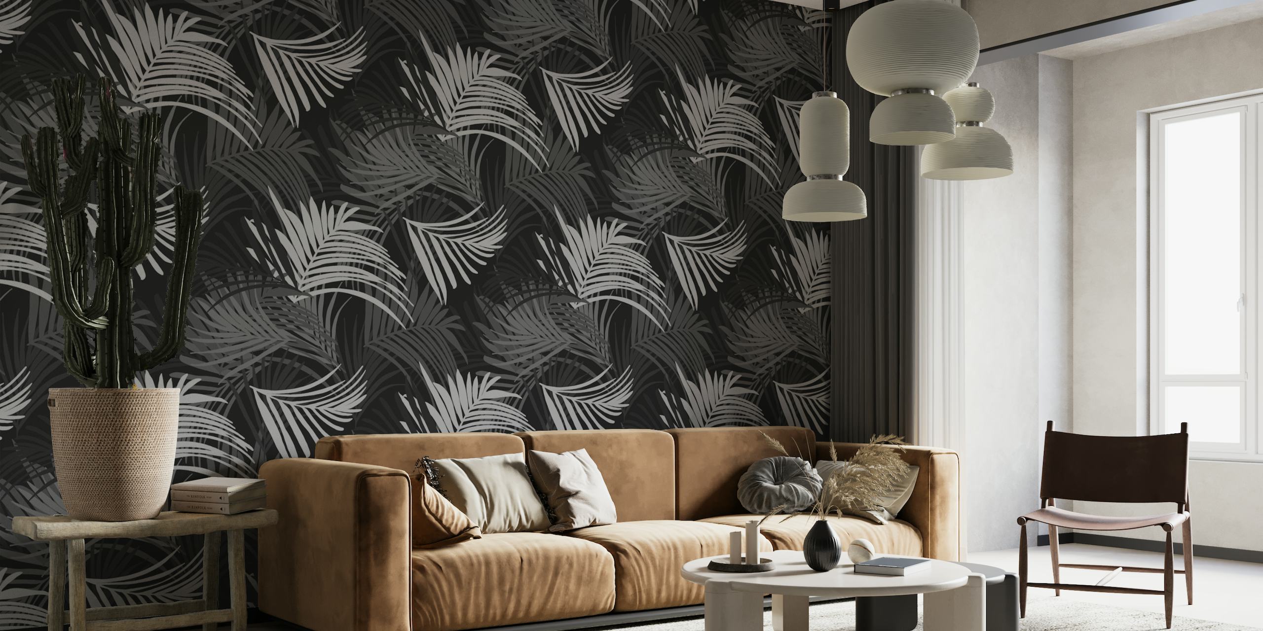 Mustavalkoinen trooppinen palmulehtikuvioinen seinämaalaus, joka sopii täydellisesti rauhallisen viidakoteeman luomiseen.