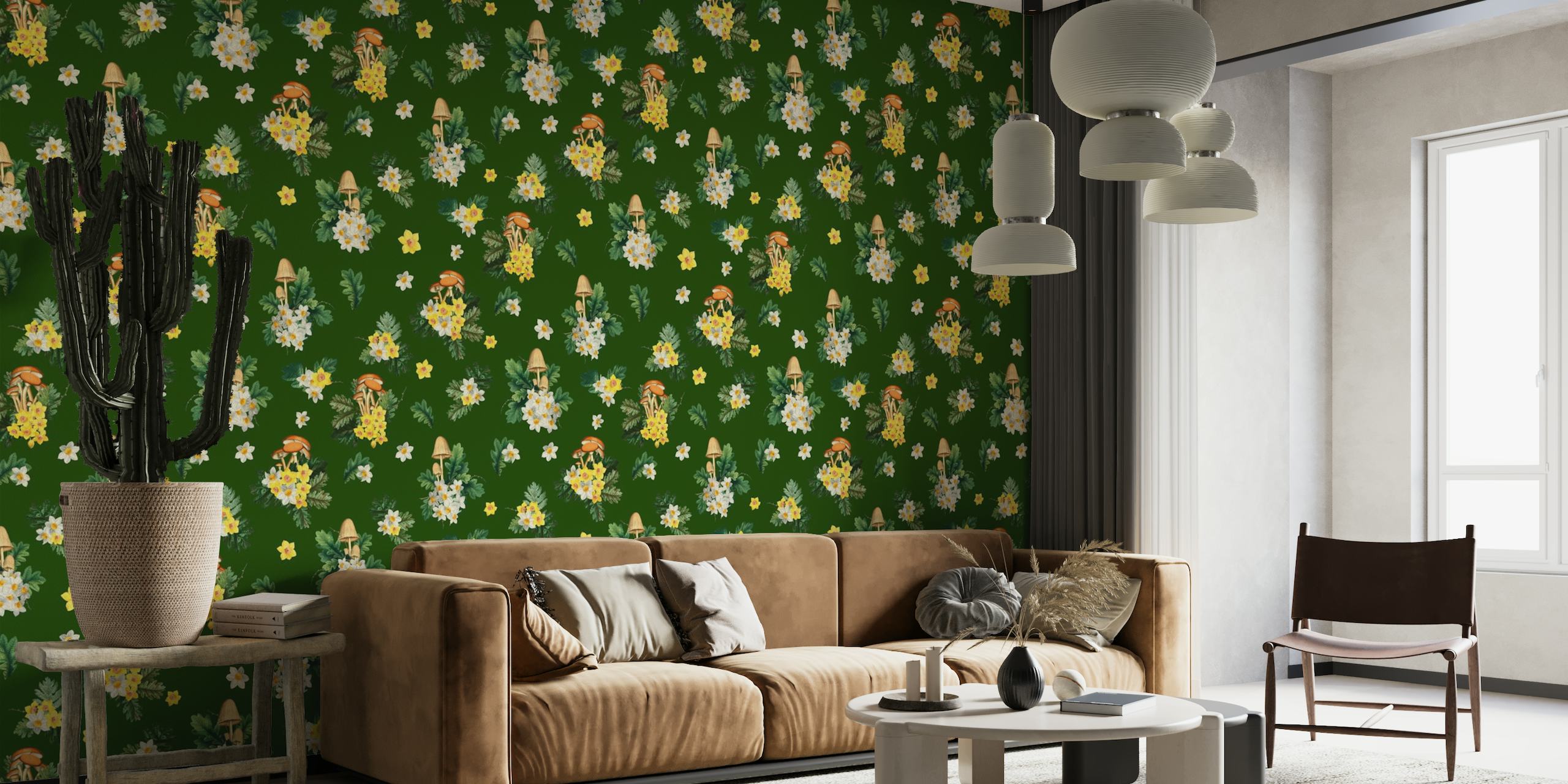 Havainnollistava seinämaalaus sienistä ja luonnonkukista vihreällä taustalla, täydellinen luontoaiheiseen huoneeseen.