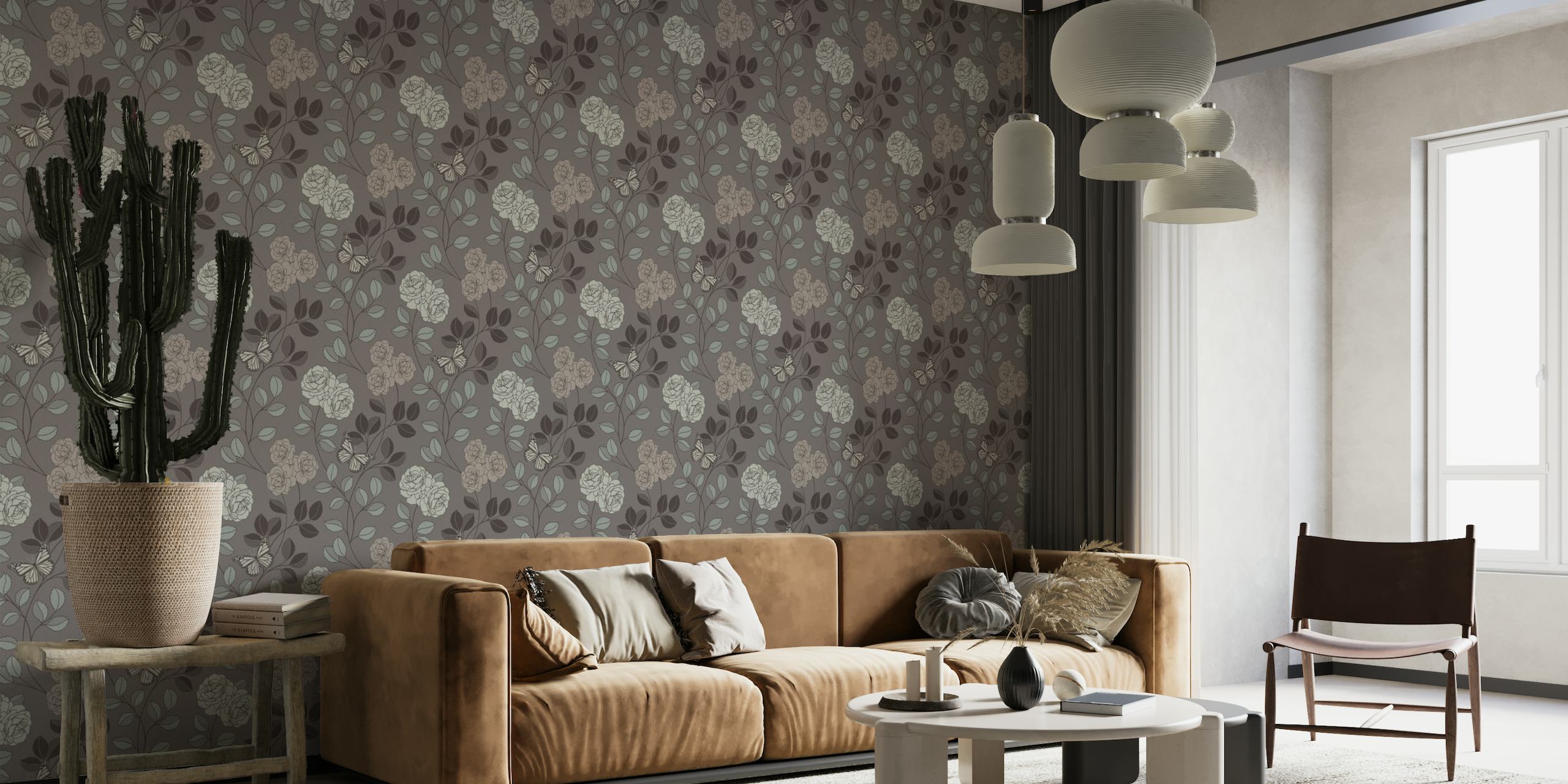 Elegante grijze fotobehang met geschetste bloemen en vlinders voor een rustige huiselijke sfeer.