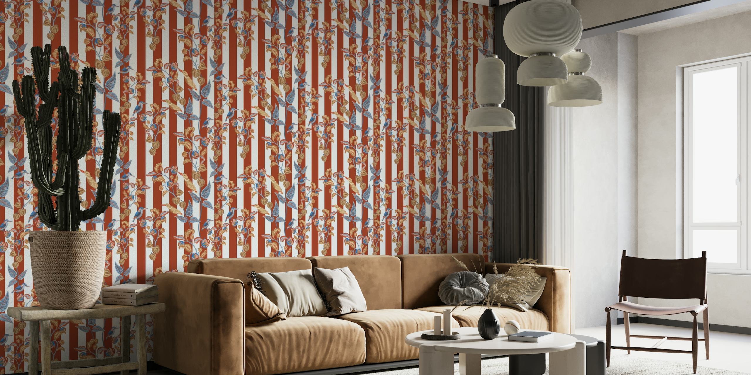 Wall mural with colorful birds and striped background