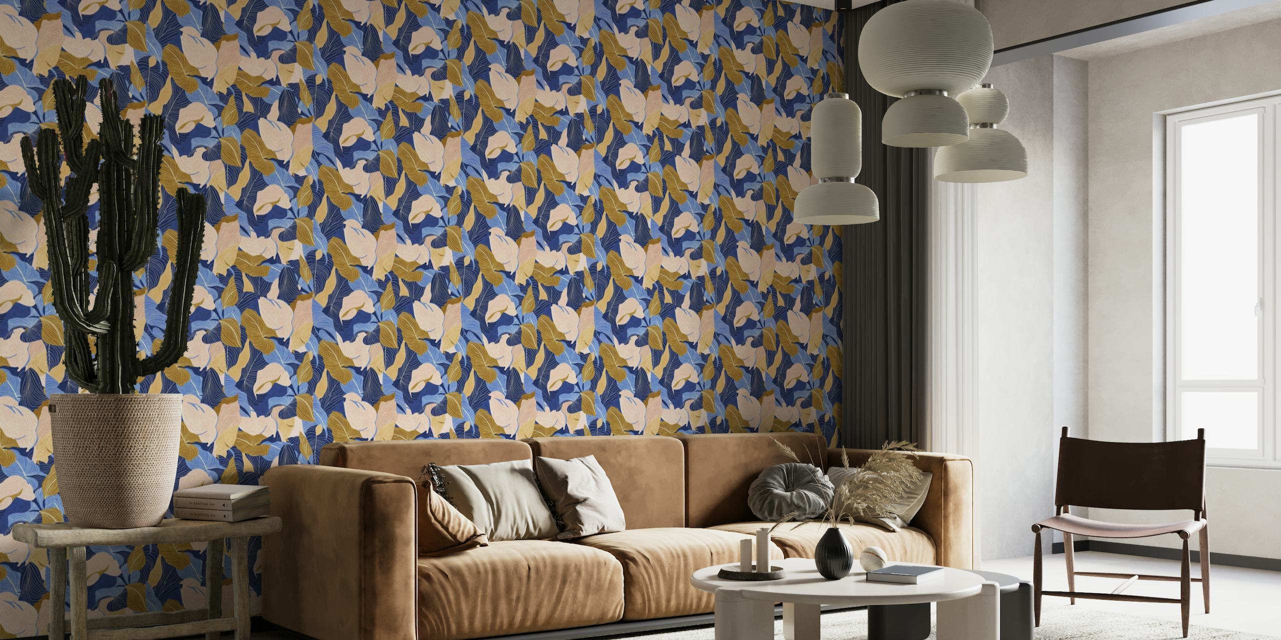 Abstrakte overlappende blade i blåt og guld vægmaleri