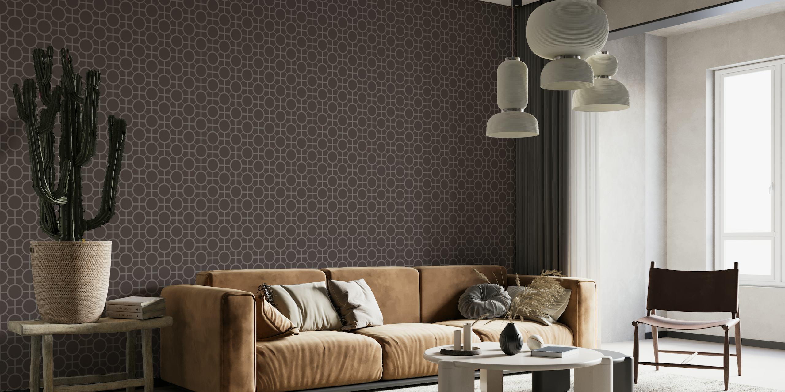 Fotomural vinílico de parede com padrão de azulejo estilo Art Déco em esquema de cores escuras