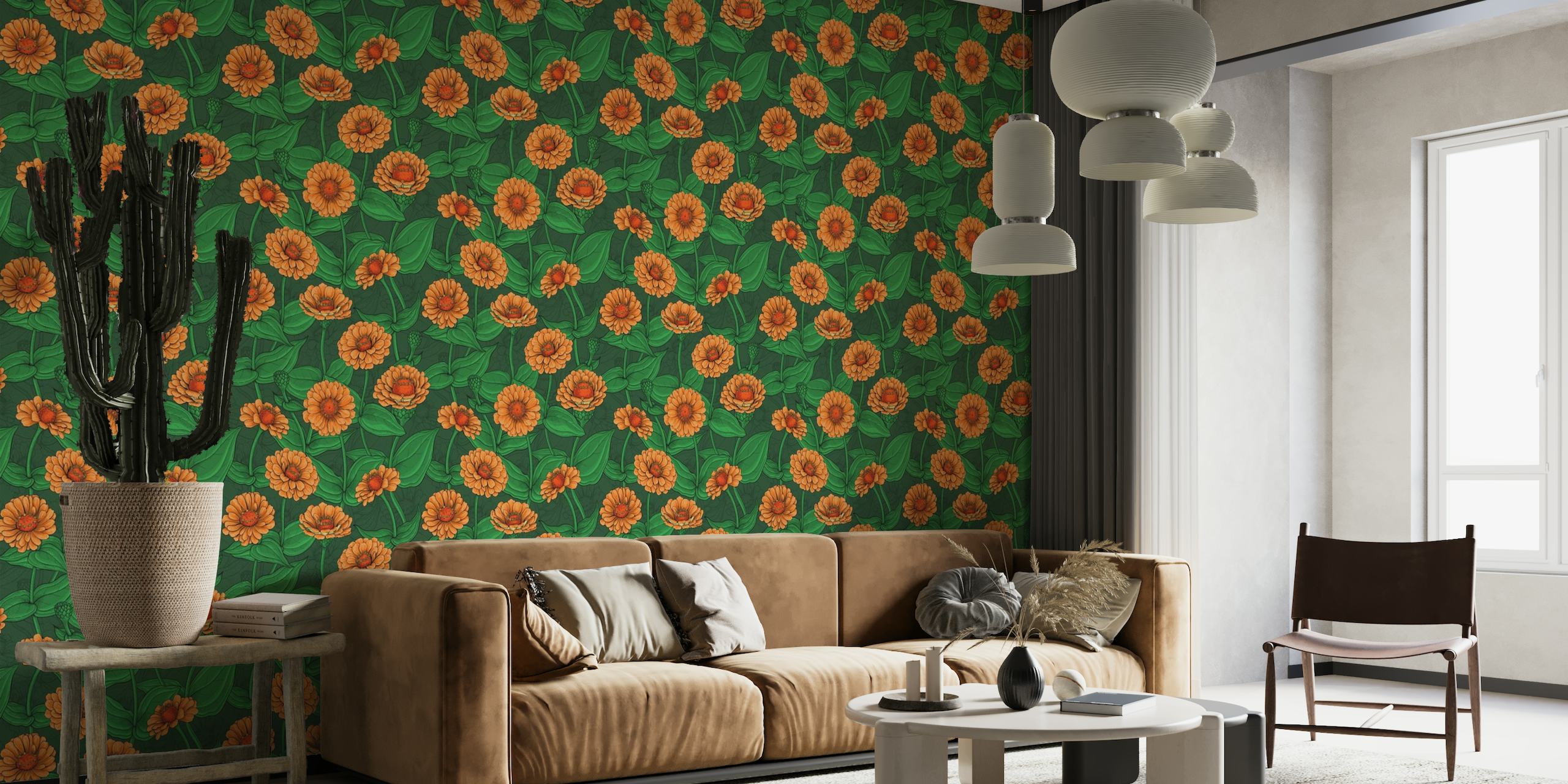Orange Zinnia flowers, green leaves on dark green wallpaper