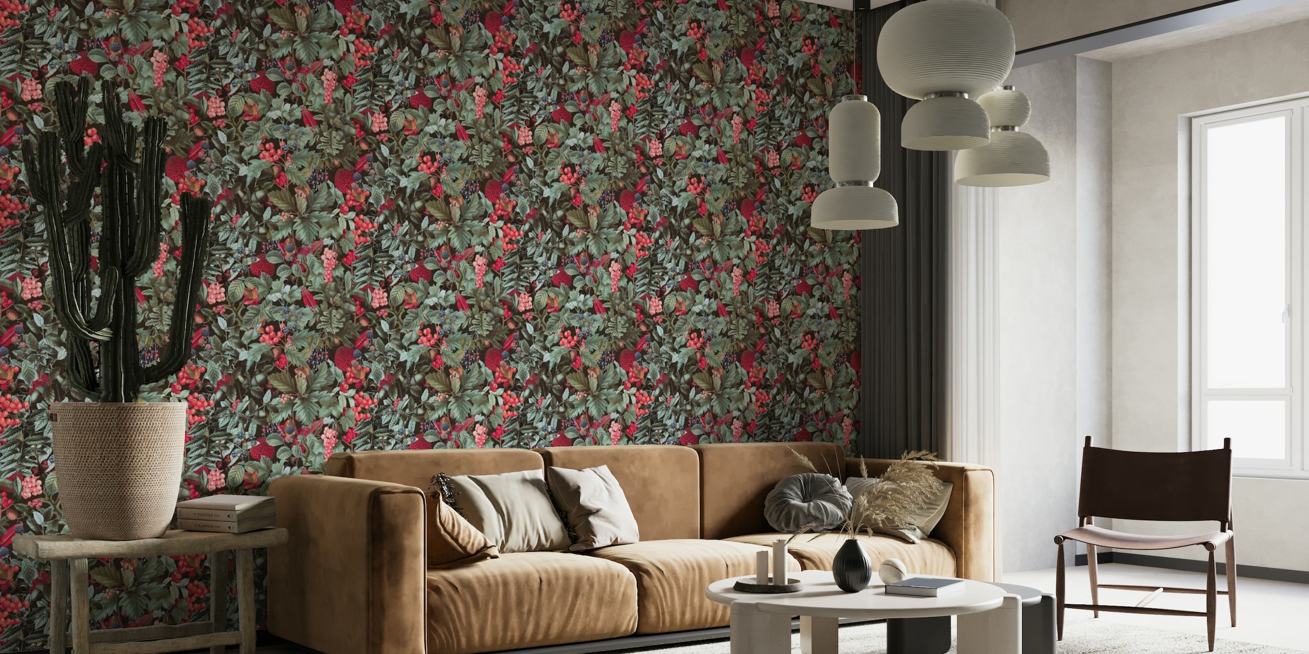 Autumnal Whispers Vintage Botanical Fall Leaves And Berries Teal Red wallpaper