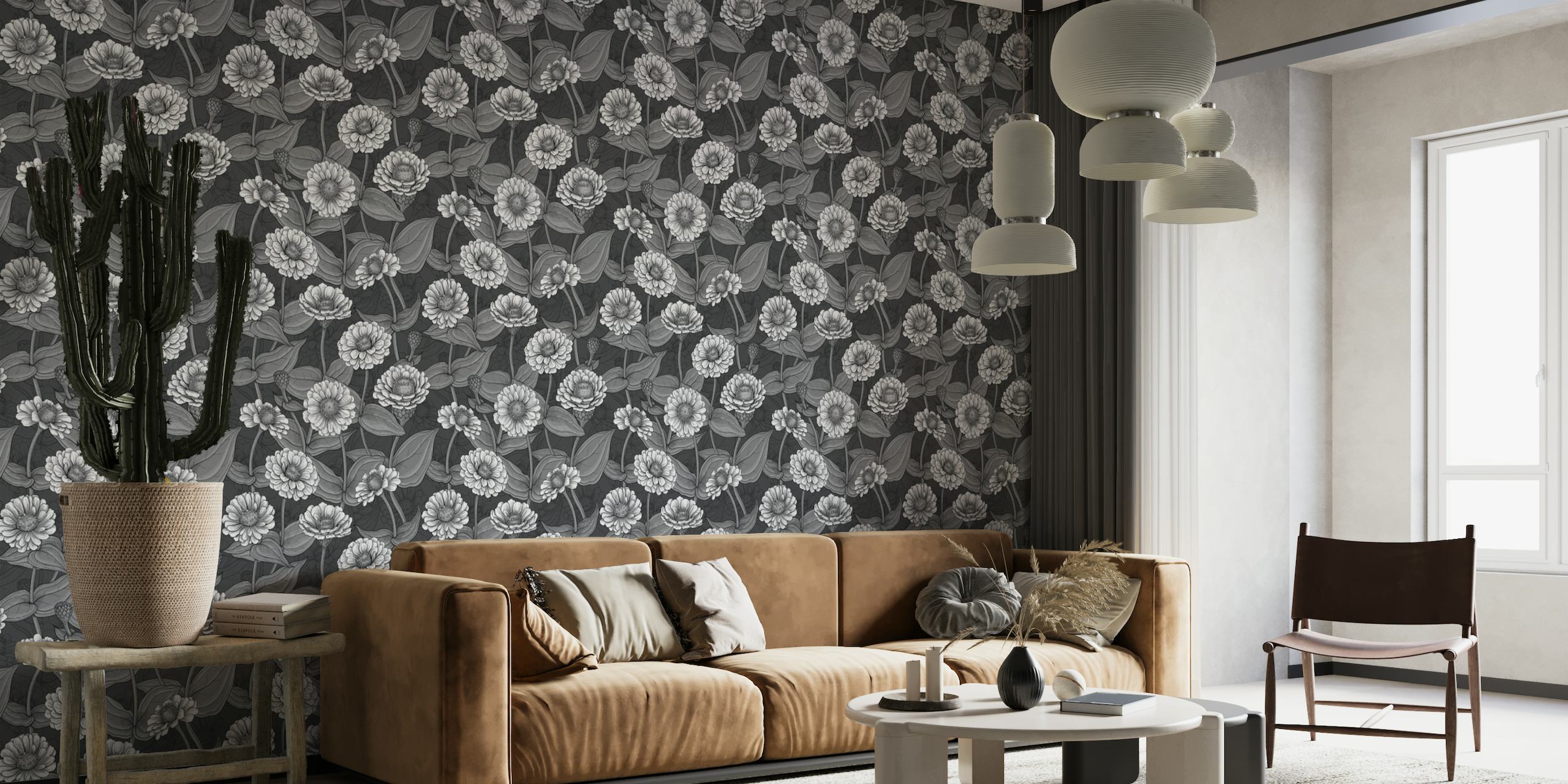 Zinnias, monochome on dark gray wallpaper