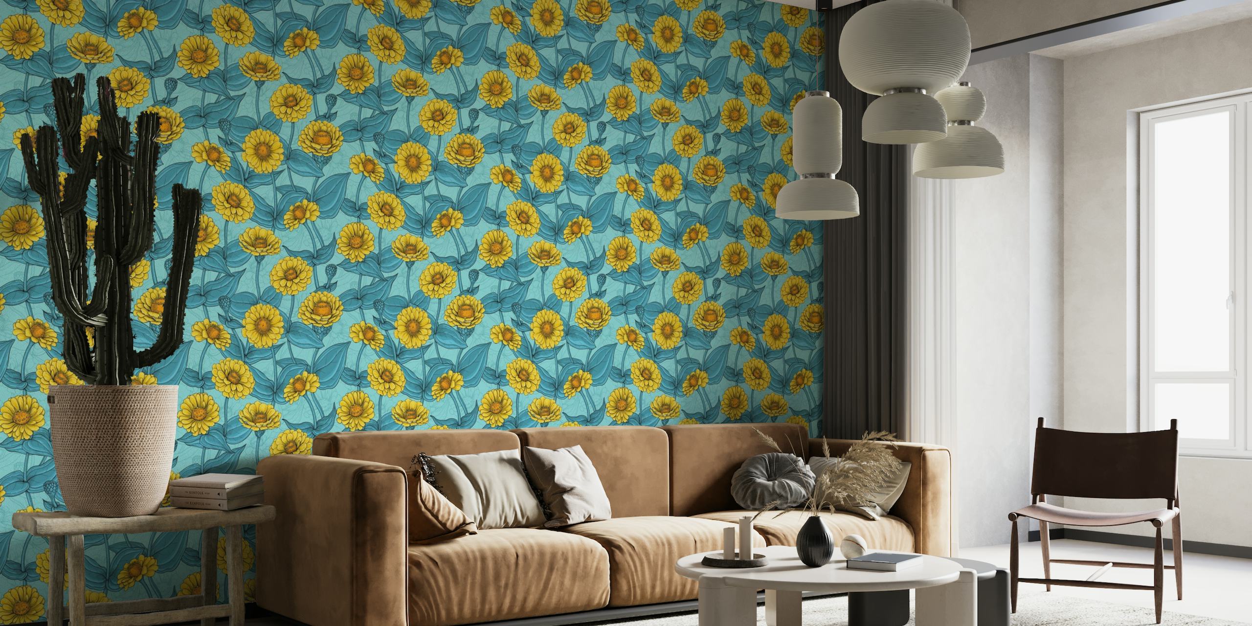 Yellow Zinnias on light blue wallpaper