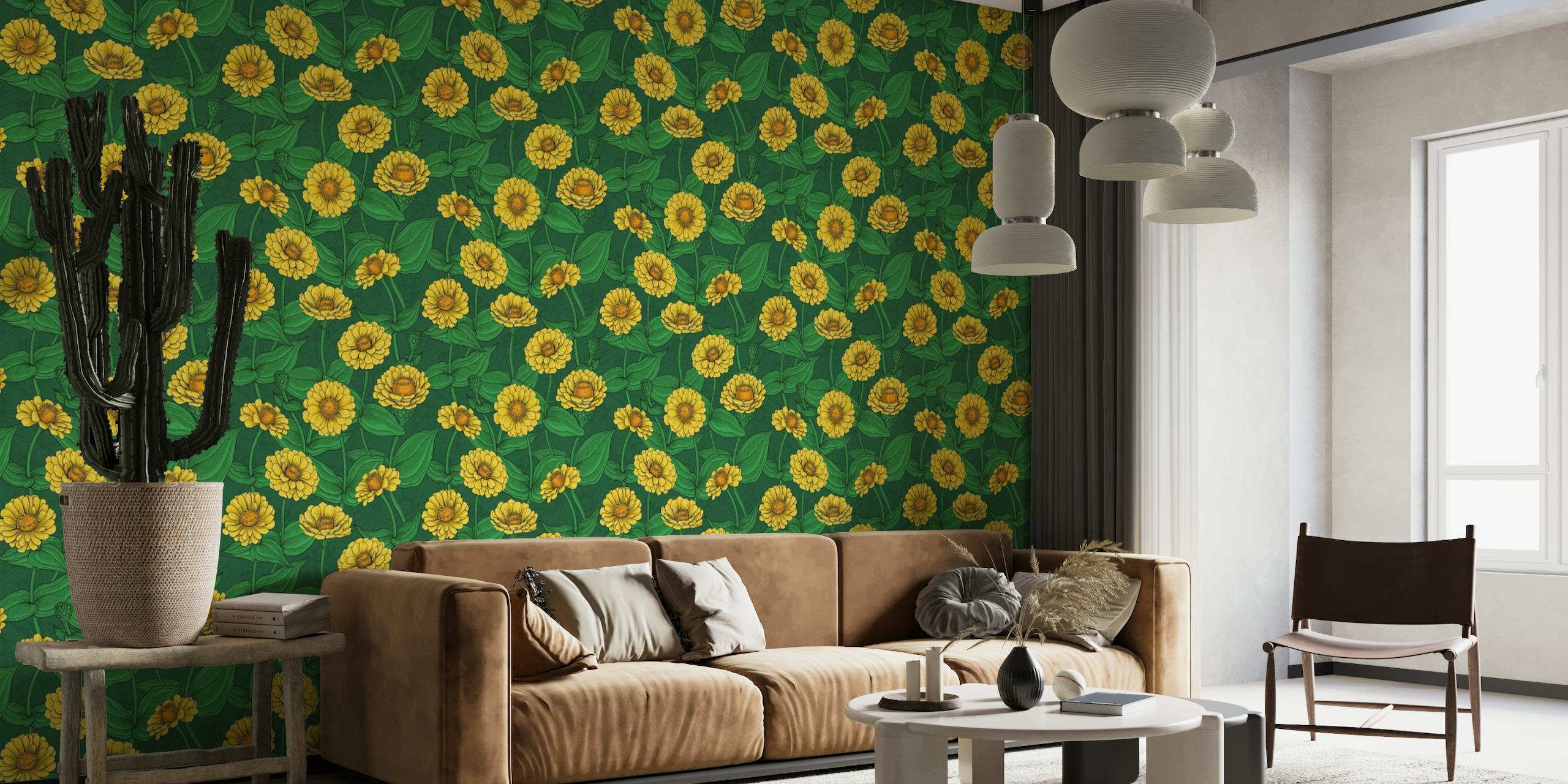 Yellow Zinnias on dark green wallpaper