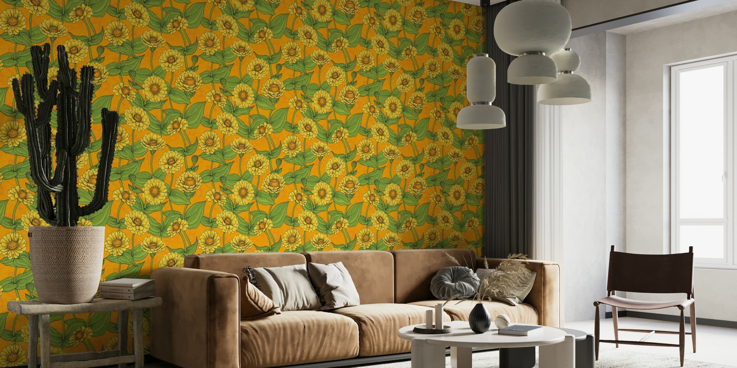 Yellow Zinnias on orange wallpaper