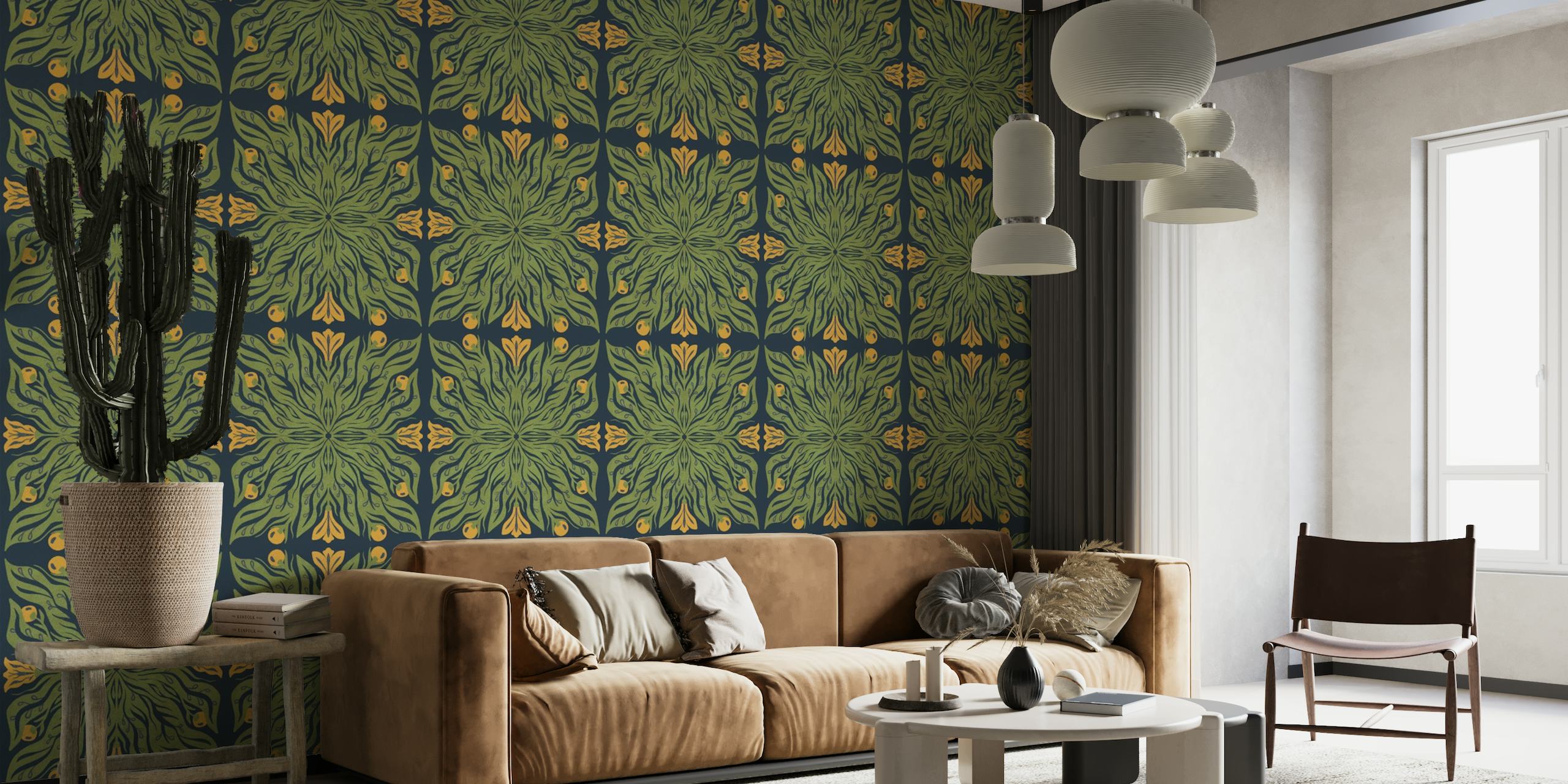 Intricate botanical foliage pattern wall mural with greens and yellows on a dark background