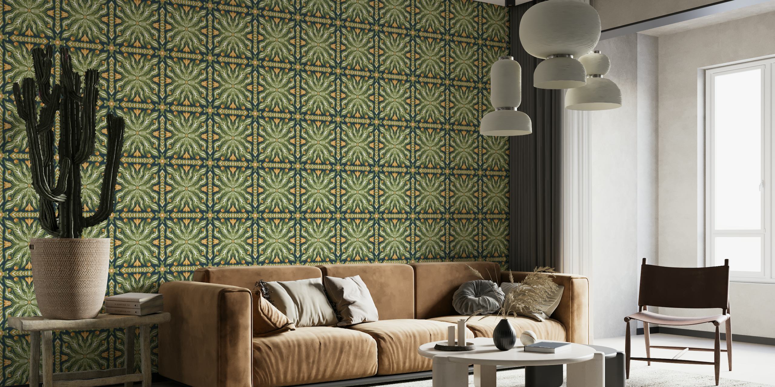 Fotomural vinílico de parede verde simétrico com padrão de jardim com designs intrincados inspirados na natureza e detalhes dourados.