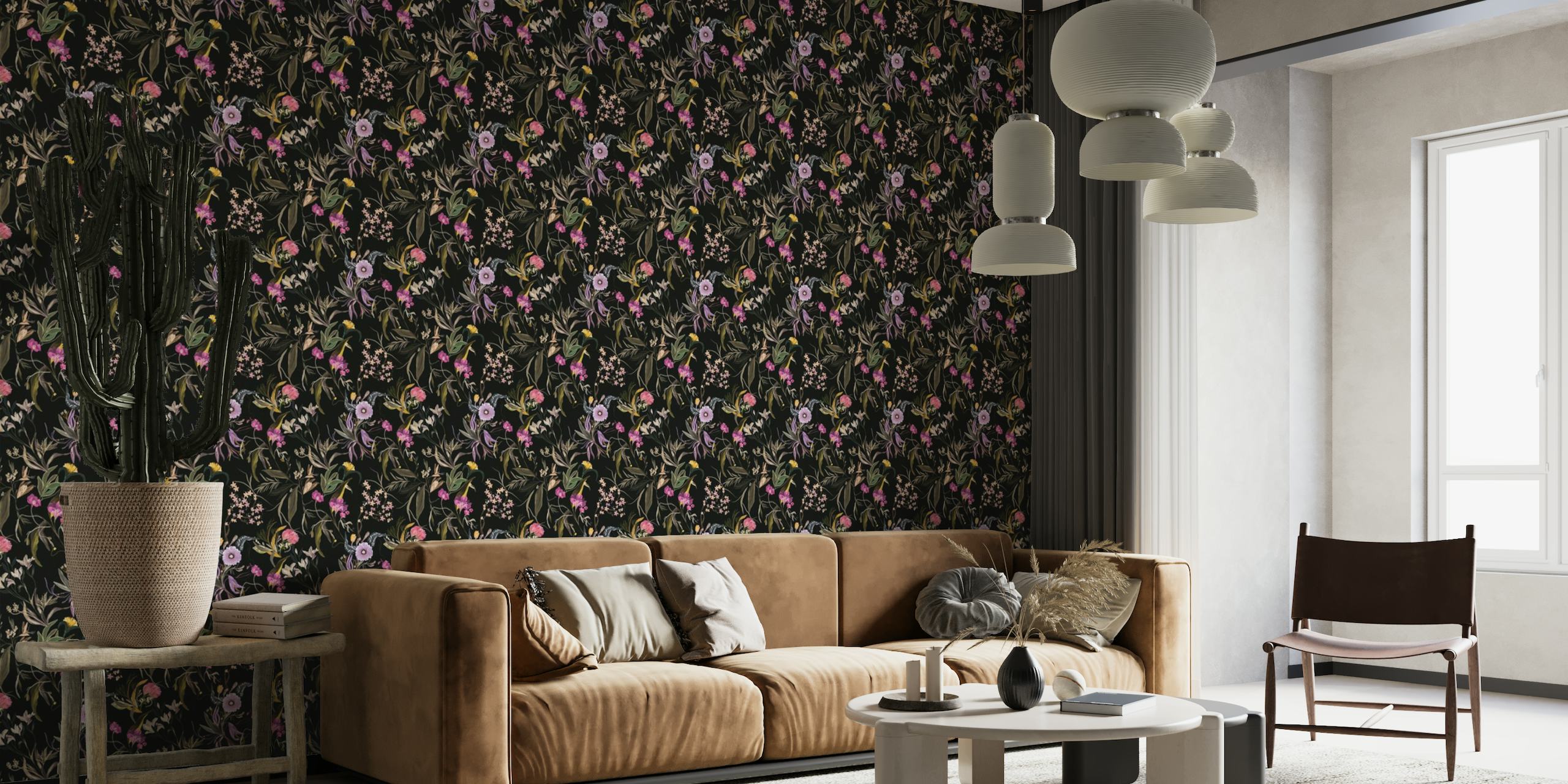 Fotomural vinílico de parede elegante com padrão floral românico com flores desabrochando e folhagens contra um fundo escuro