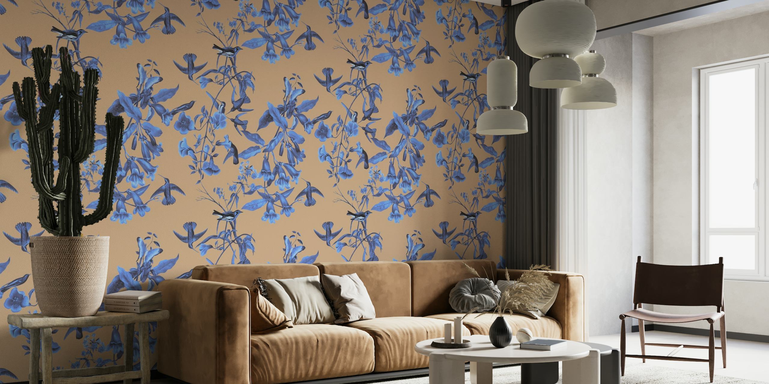 Syaanit kolibrit ja siniset kukat taupe-seinämaalauksessa