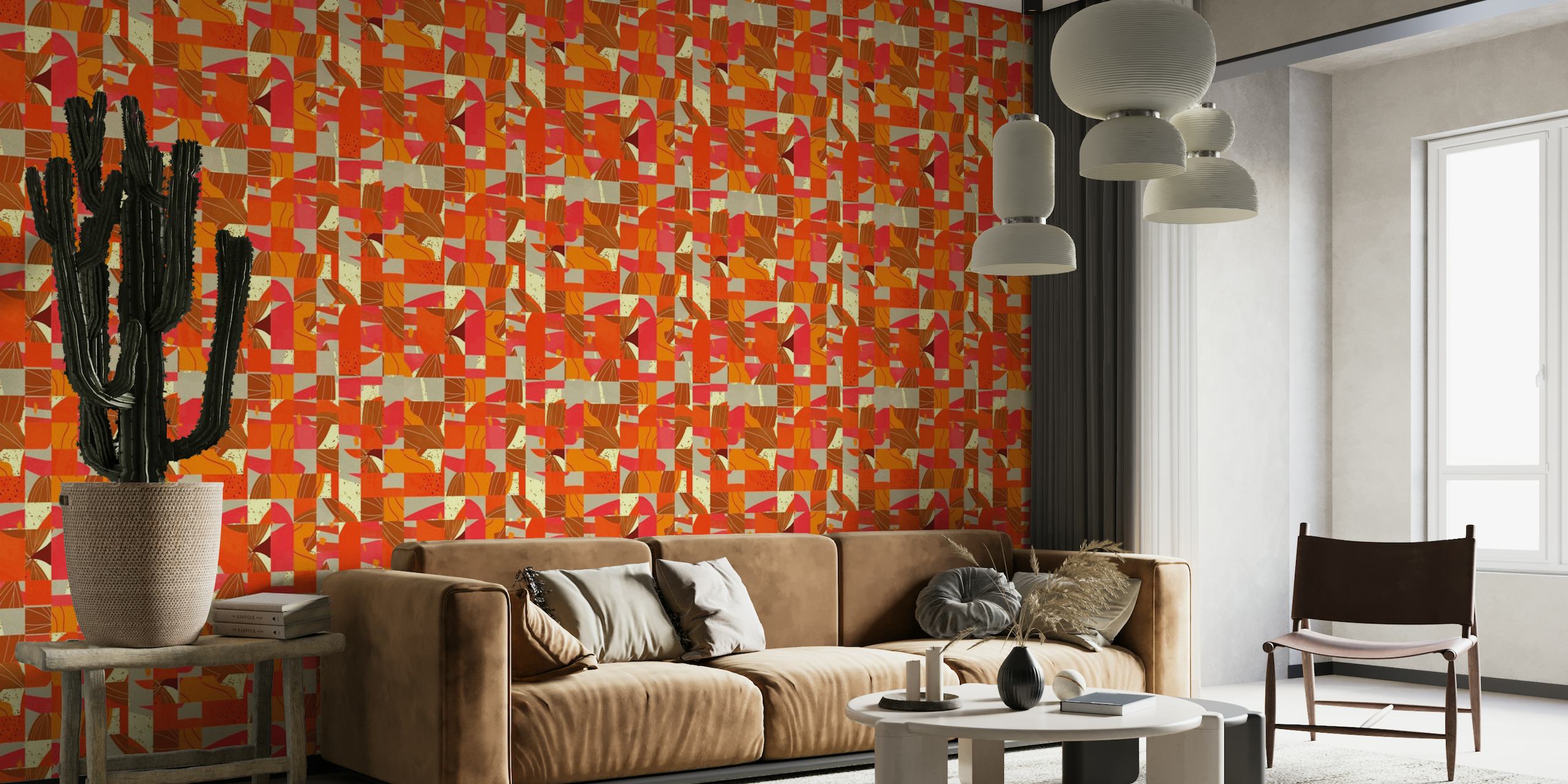 Kubik Red wall mural with geometric shapes in red, orange, and beige