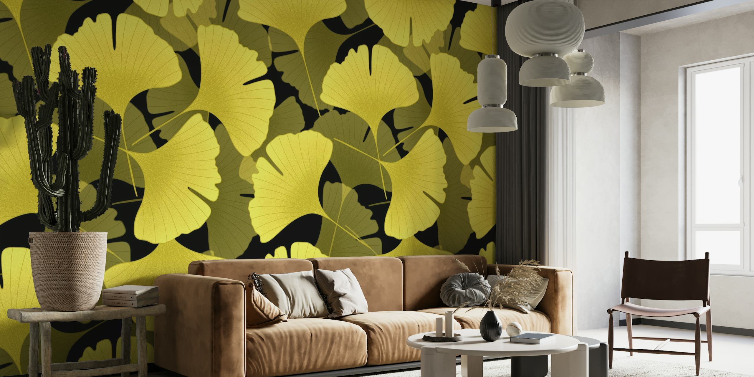 Fototapete mit Ginkgo-Biloba-Blättermuster und goldgelben Blättern auf dunklem Hintergrund