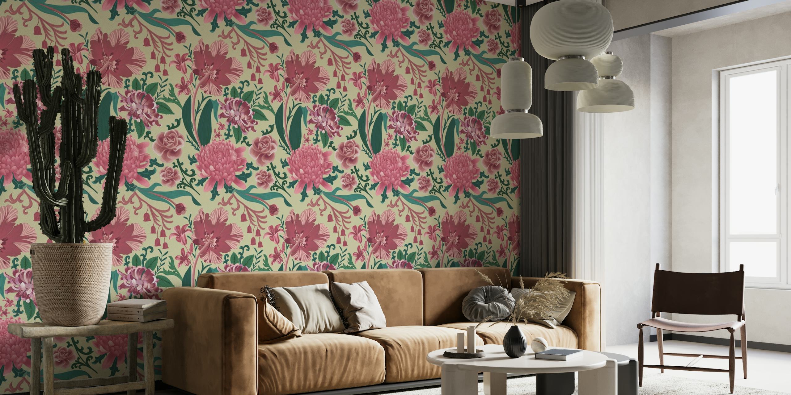 Rococo florals in cream and rosa papel de parede