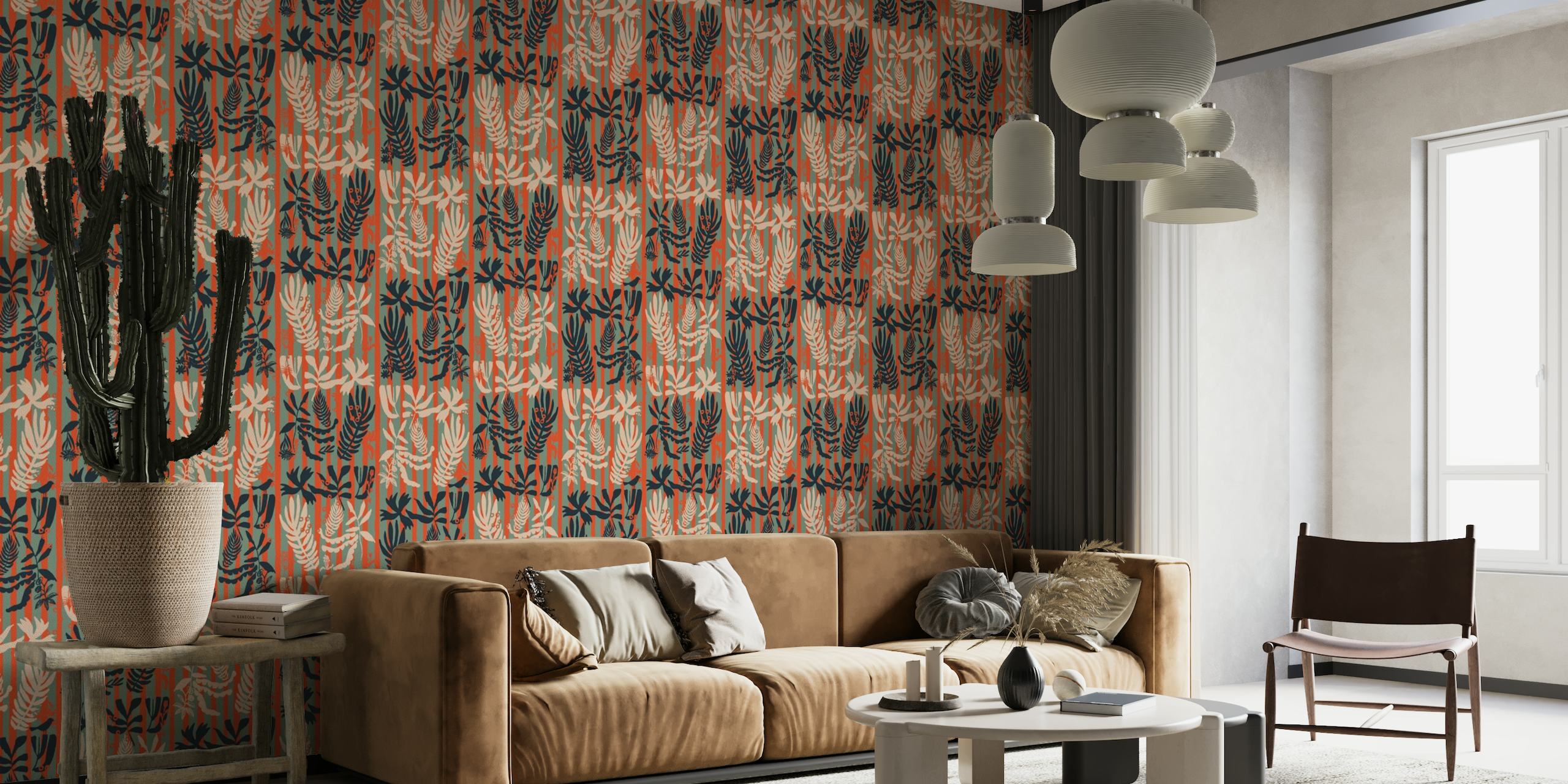 Abstract Jungle wall mural with coral, cerulean, and ochre foliage patterns on a muted background