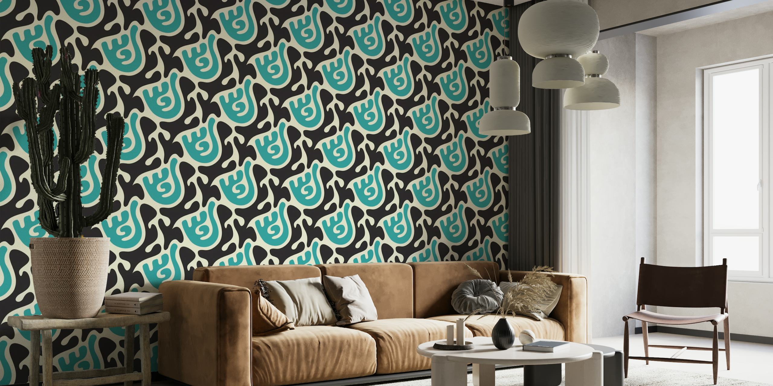Abstract blue and black floral pattern wall mural