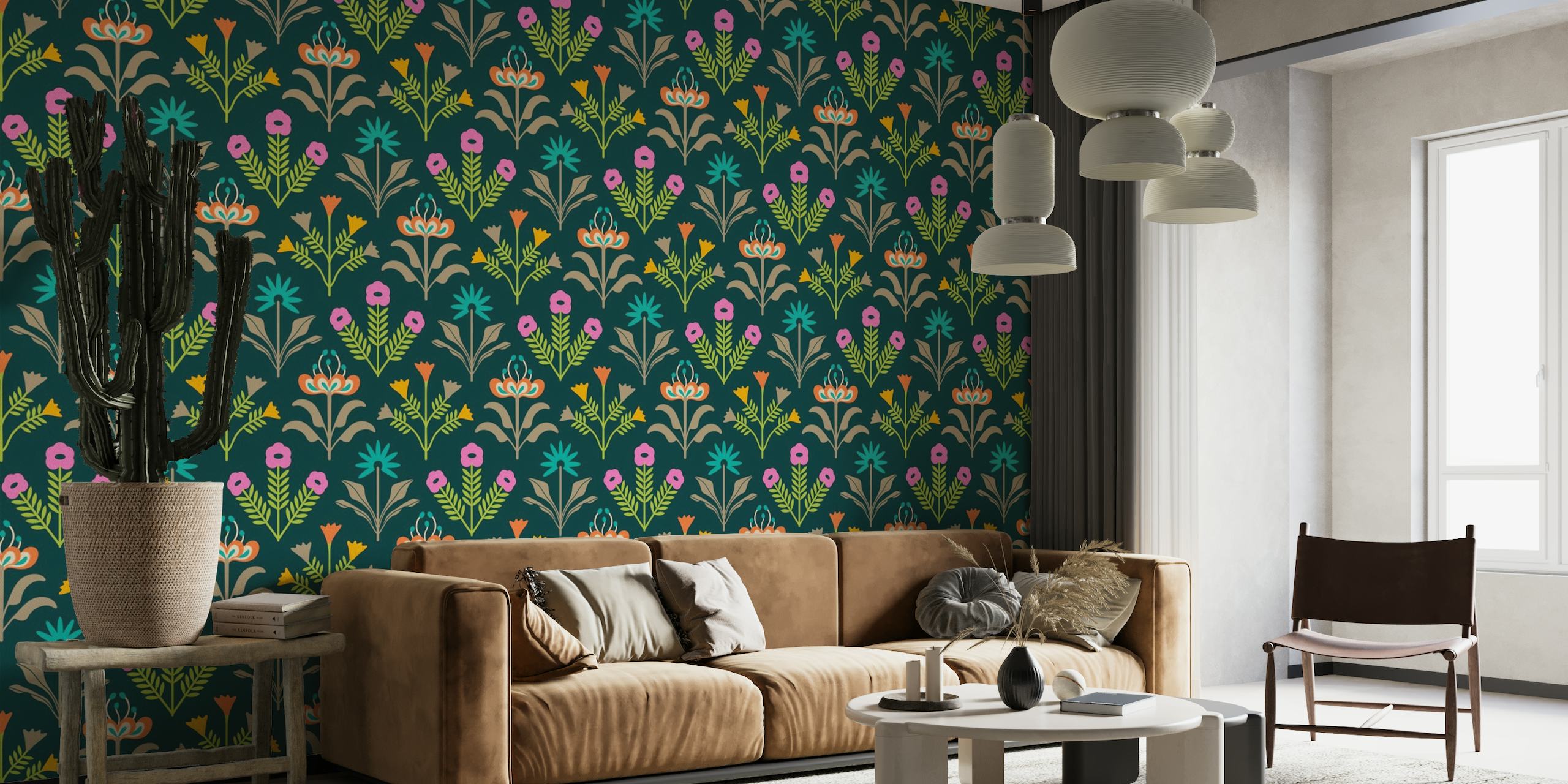 Scandinavian retro floral pattern wall mural with bright colors on a dark background for home decor
