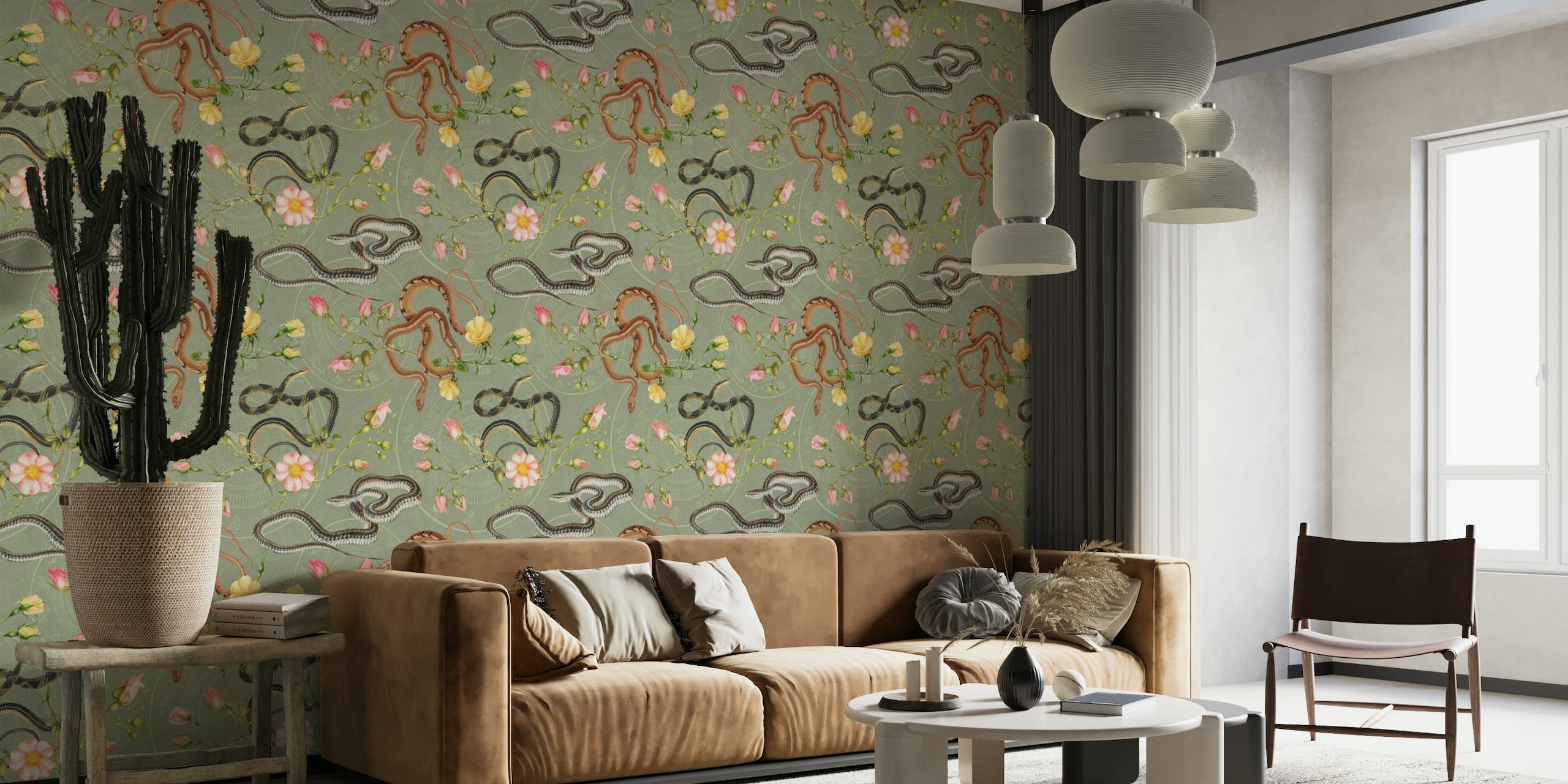 Snakes, roses and chinese calendar in sage wallpaper