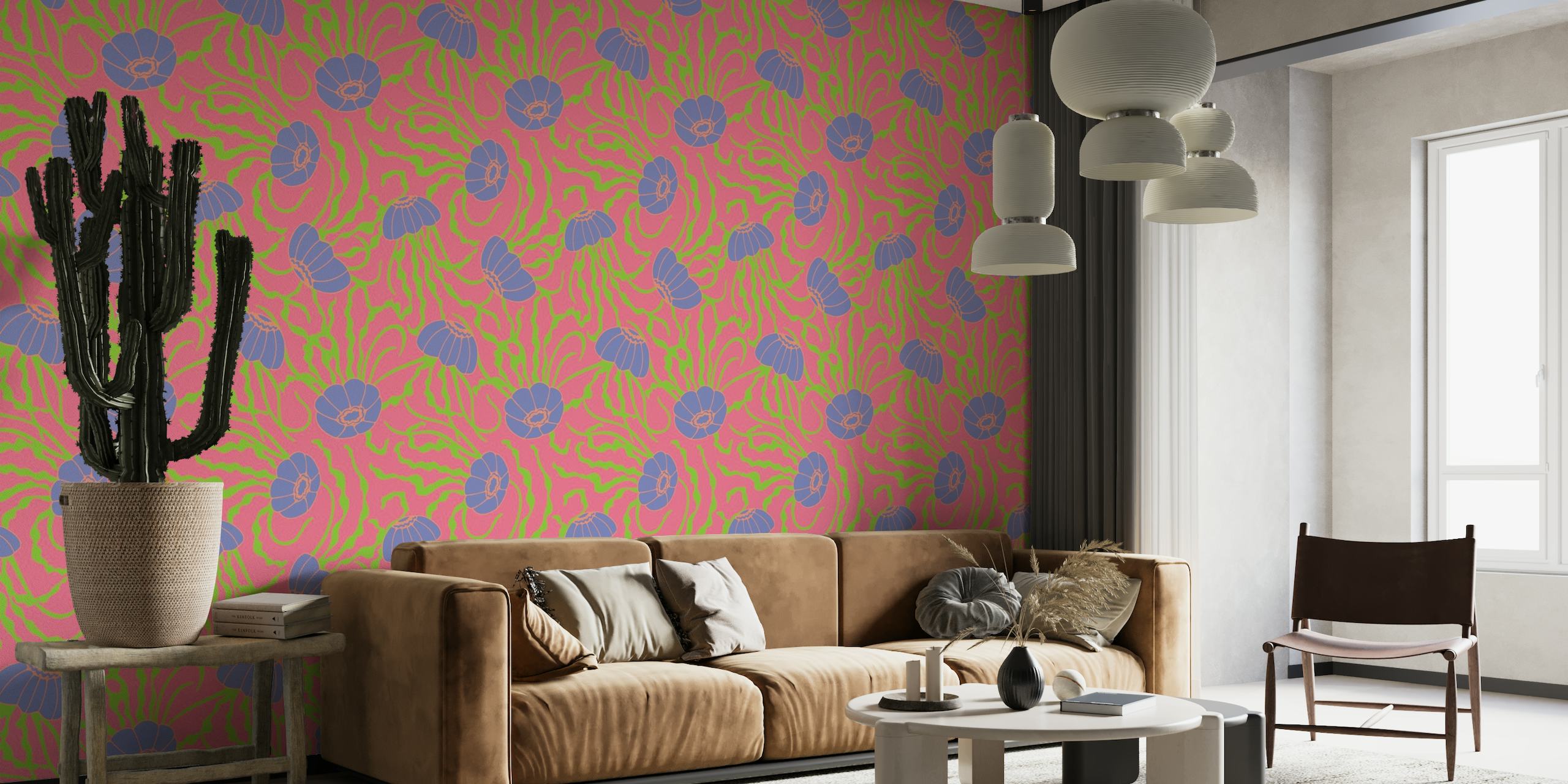 Elegante patrón de medusas de color púrpura sobre un mural de pared de fondo rosa coral.