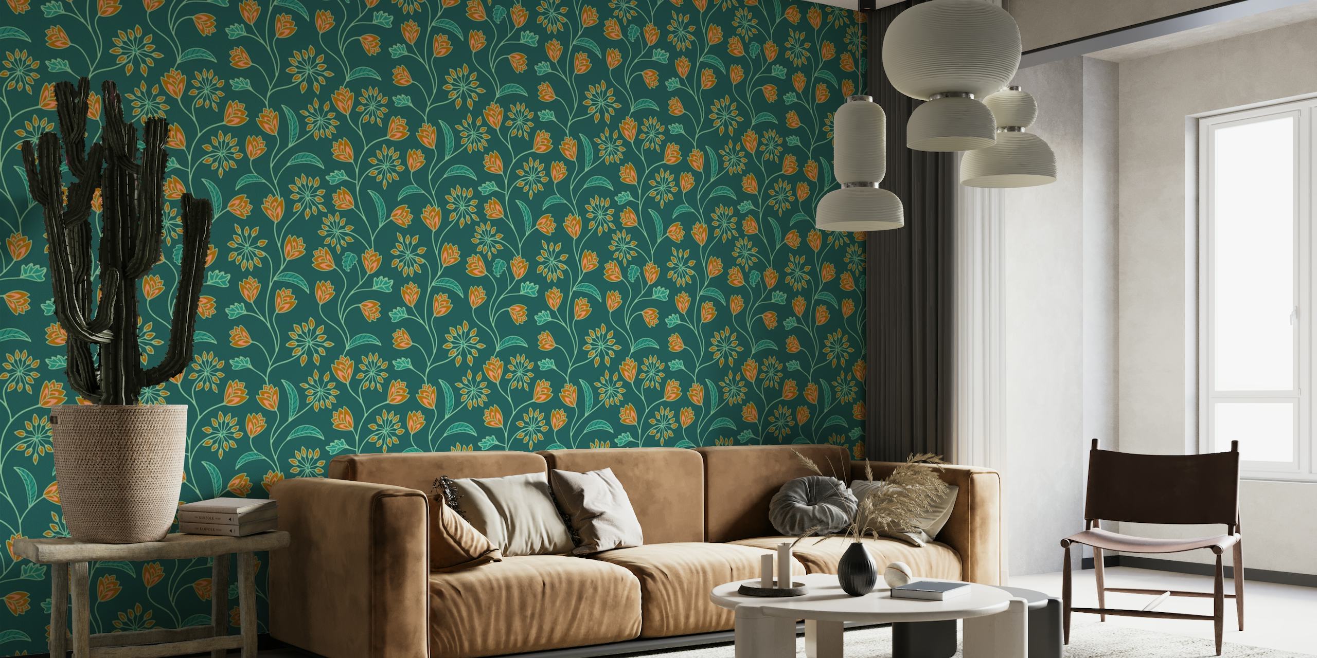 TANGLED Climbing Flower Vines wall mural in teal green with orange and yellow flowers