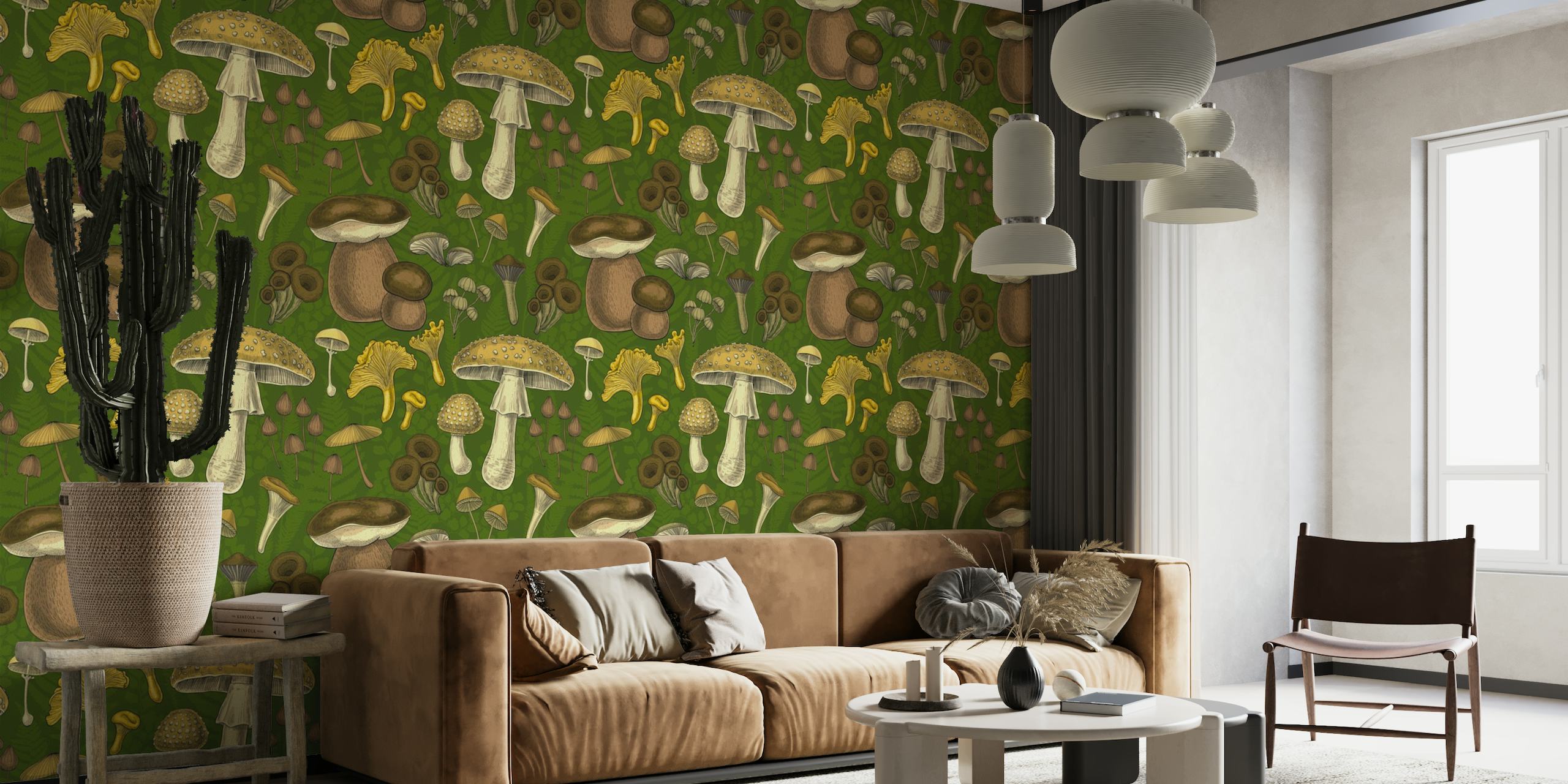 Illustrative wall mural with a variety of wild mushrooms on a green background