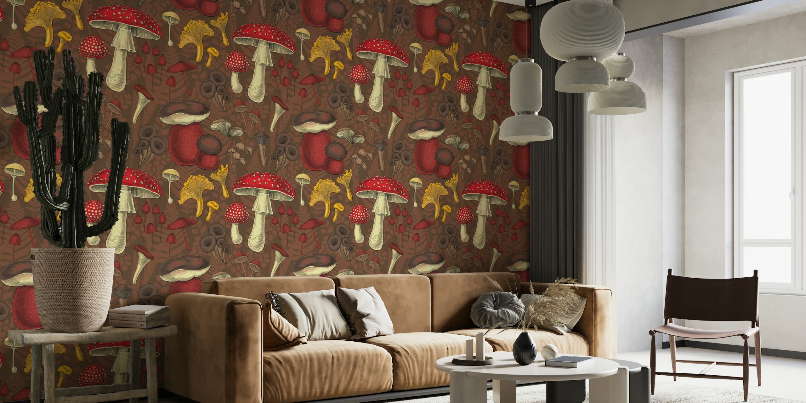 Wild mushrooms on brown background wallpaper