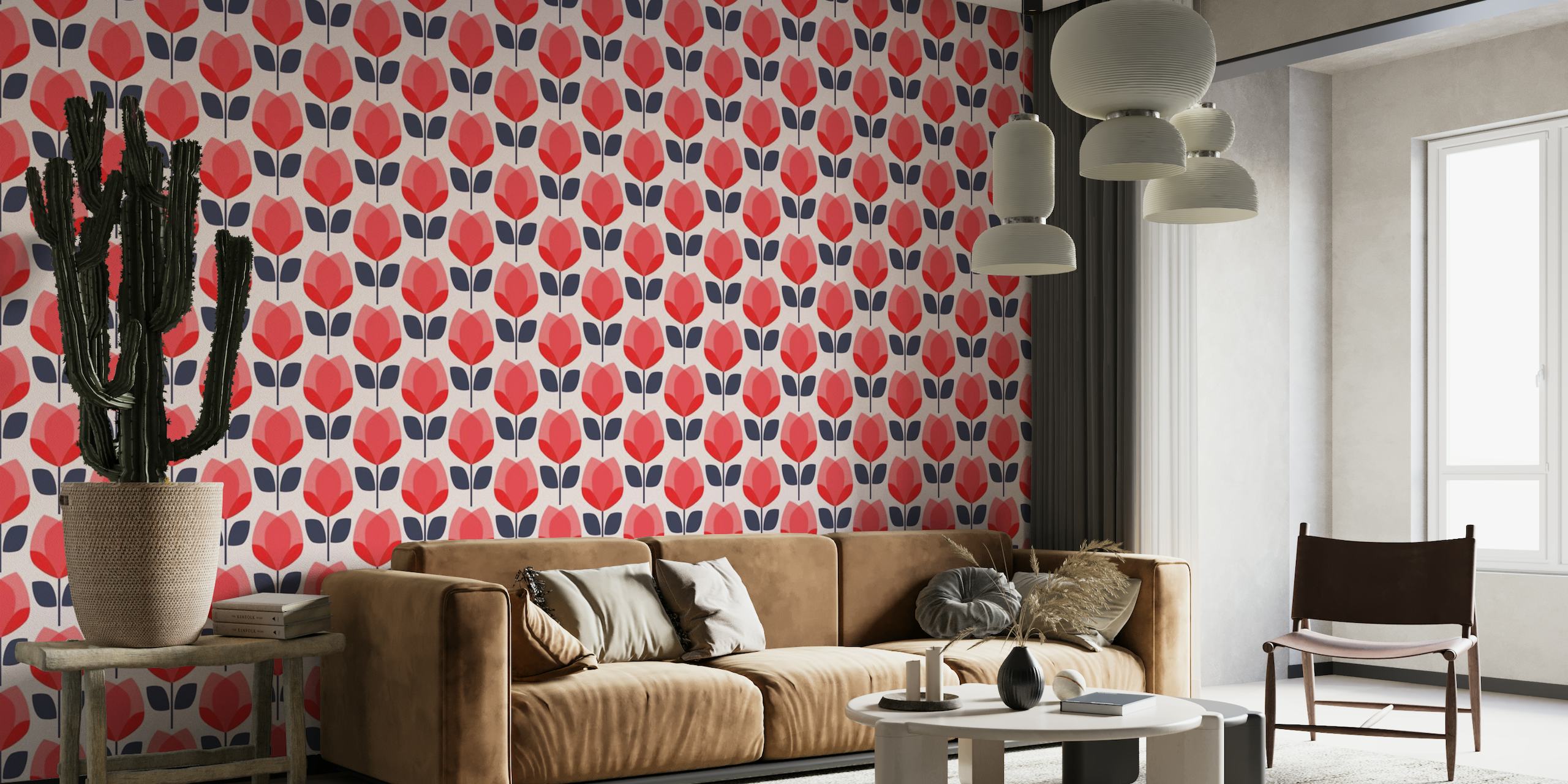 Stylized red and navy floral wall mural on a pink background