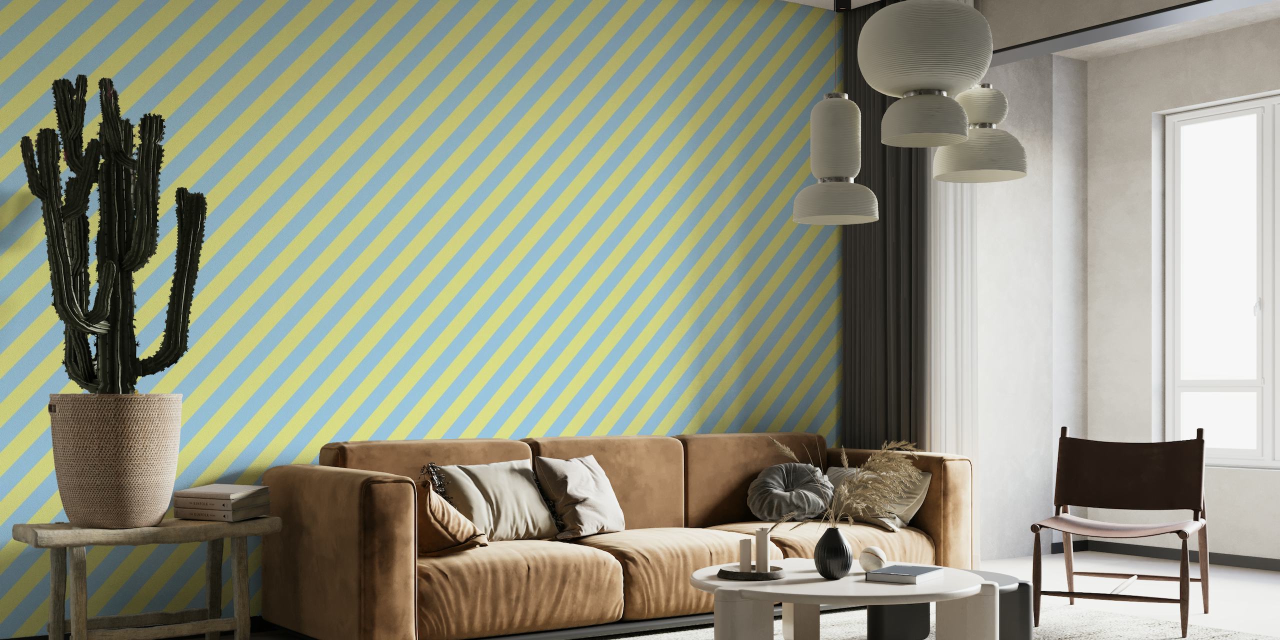 Veggmaleri med blå og gule diagonale striper som skaper et dristig og levende bakteppe