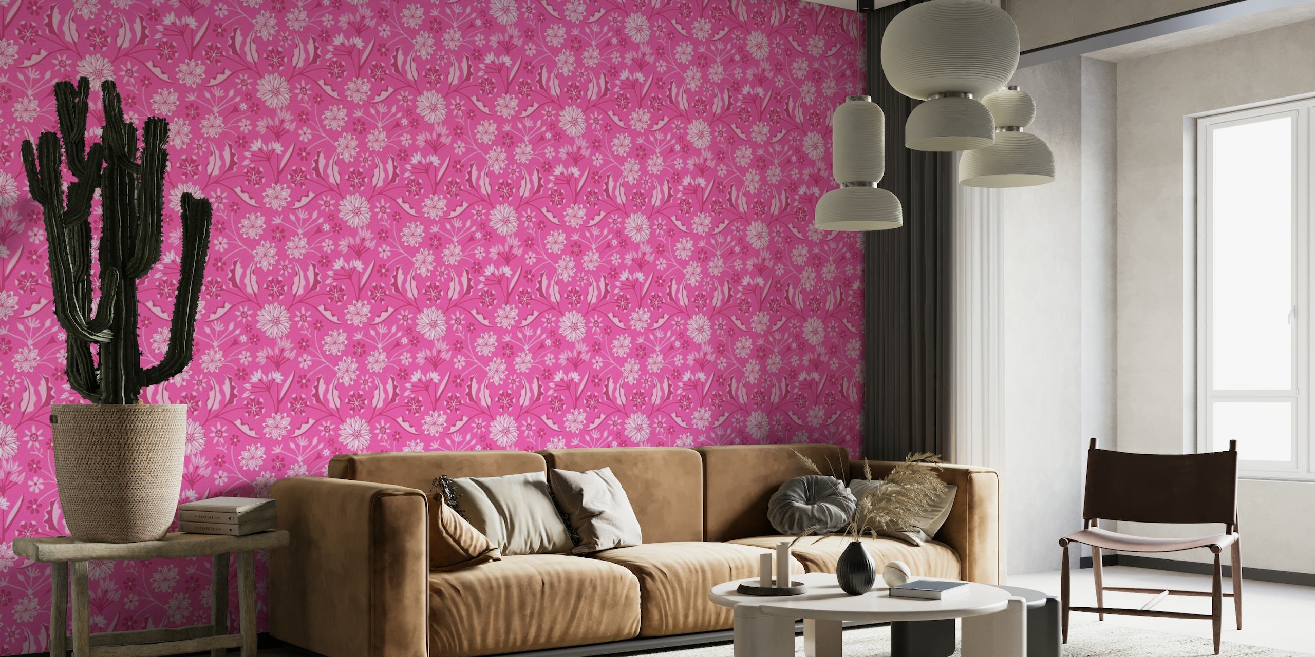 Mural de parede botânico floral indiano JAIPUR em rosa rosa com padrões de flores detalhados