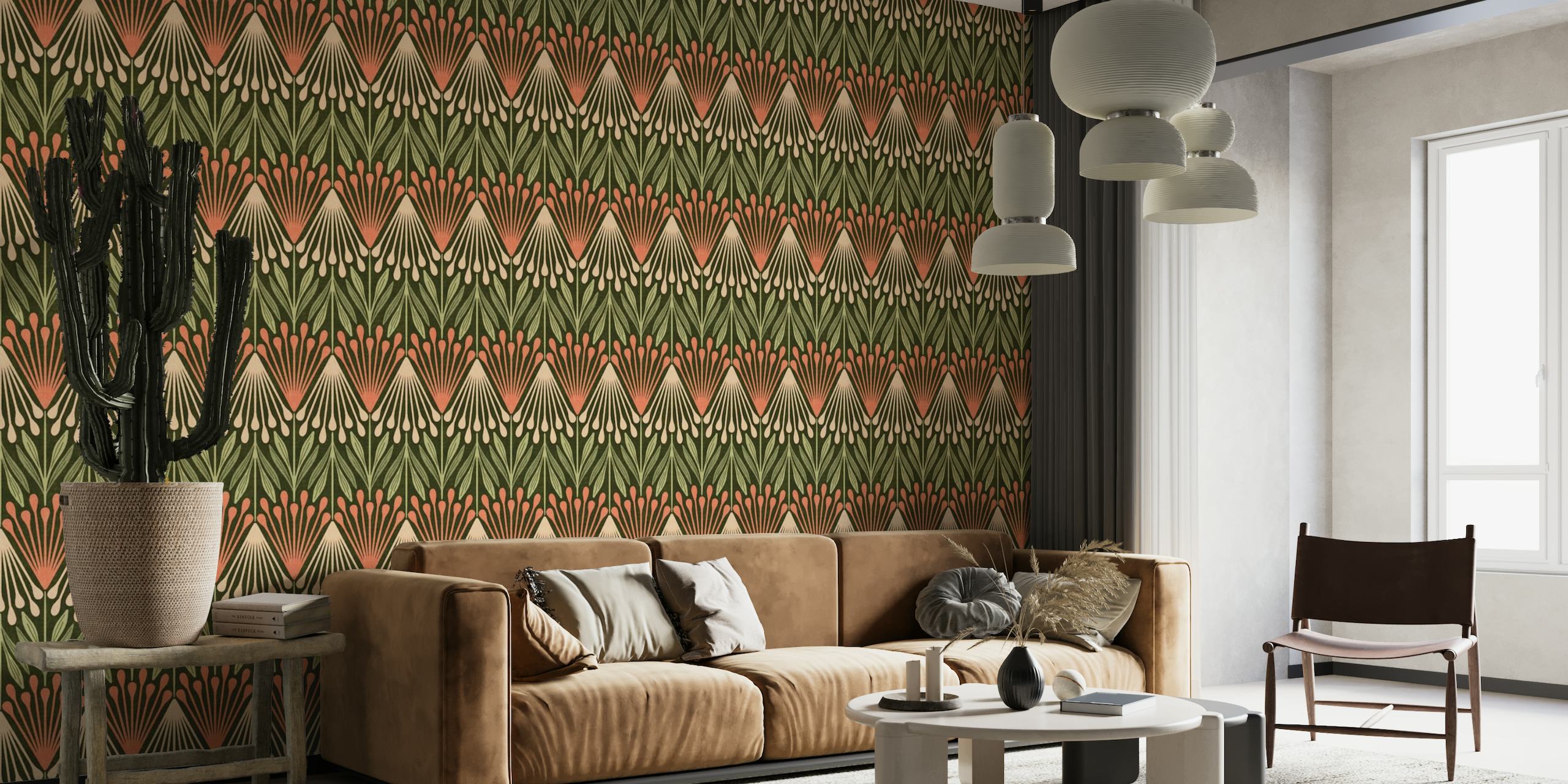 Zidna slika stilizirane boje breskve i zelenog botaničkog uzorka