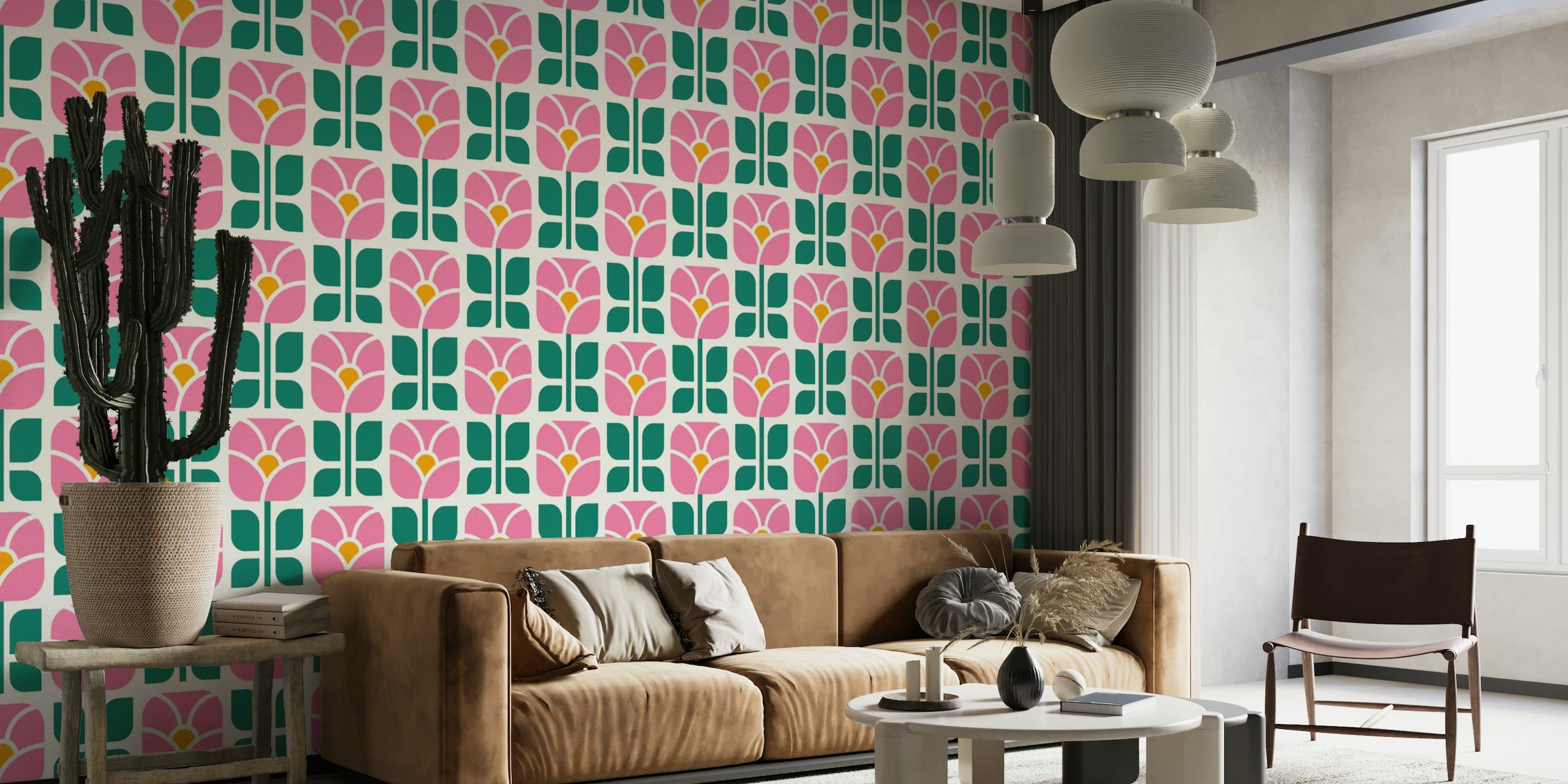 Midcentury flowers pattern, pink / 3029 A papel de parede