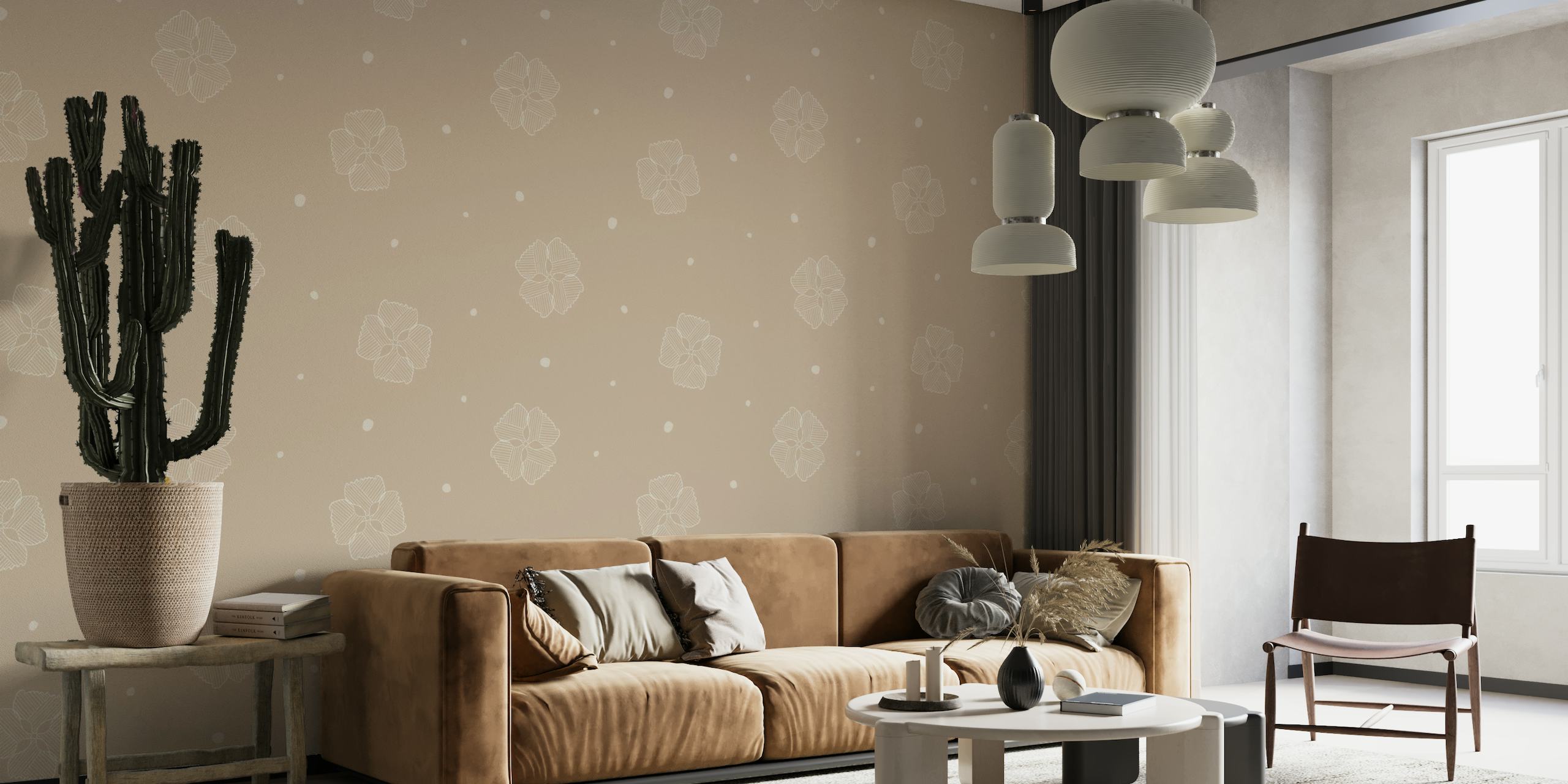 Taupe floral line art wall mural design