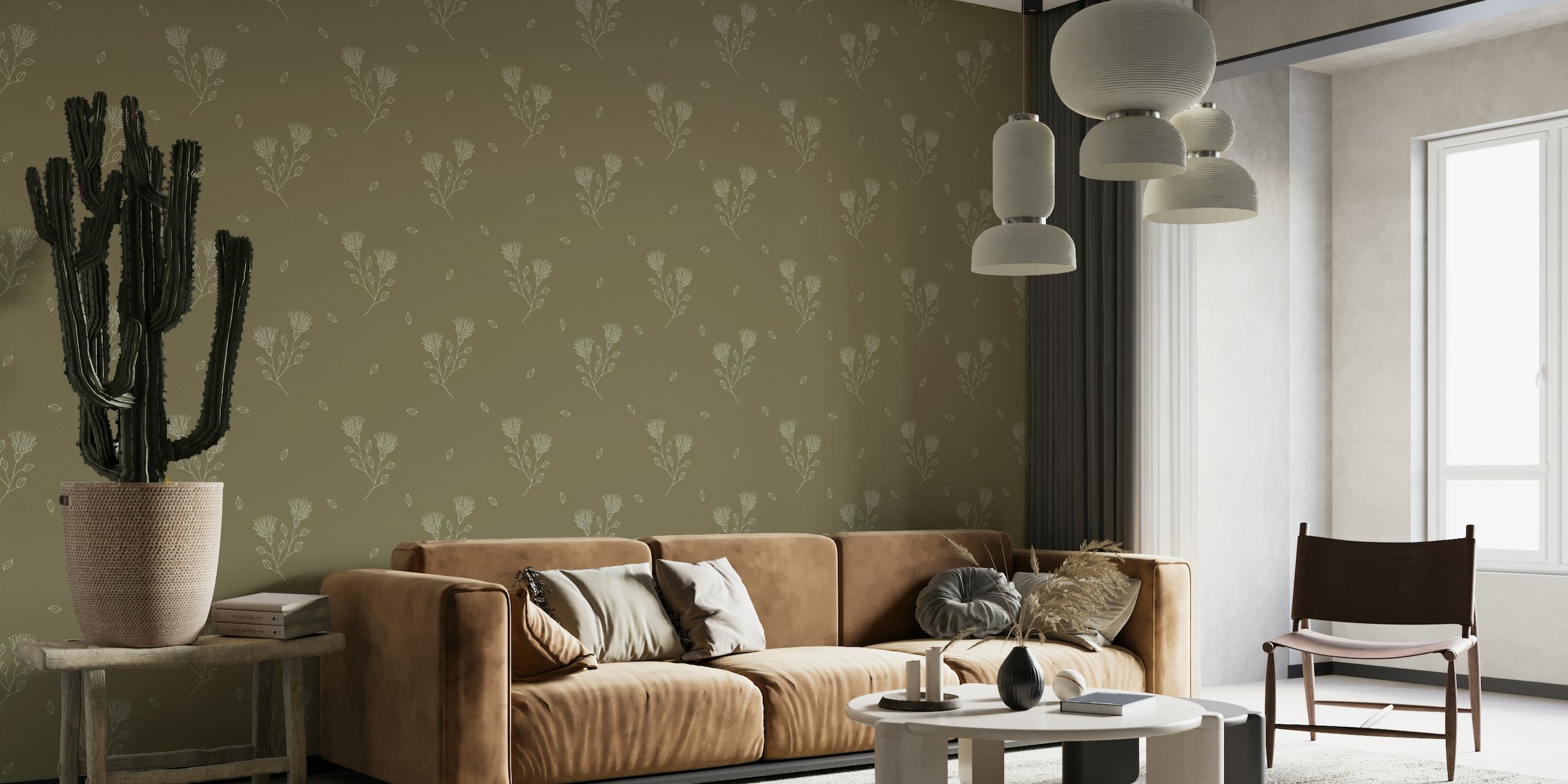 Earthy-toned wall mural with delicate floral patterns for a minimalistic aesthetic