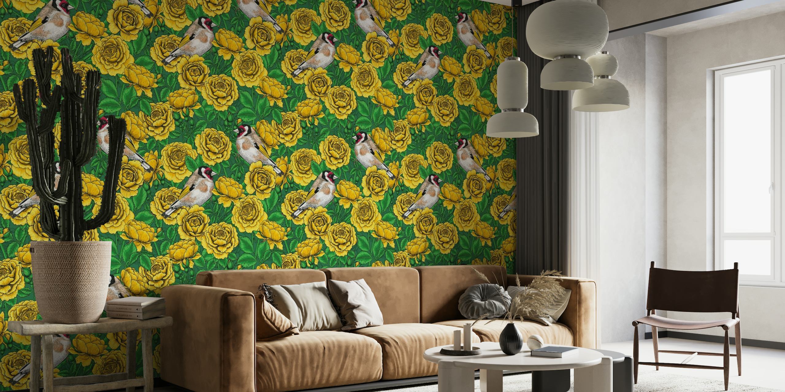 Mural de parede com rosas amarelas e pássaros pintassilgos em um fundo verde
